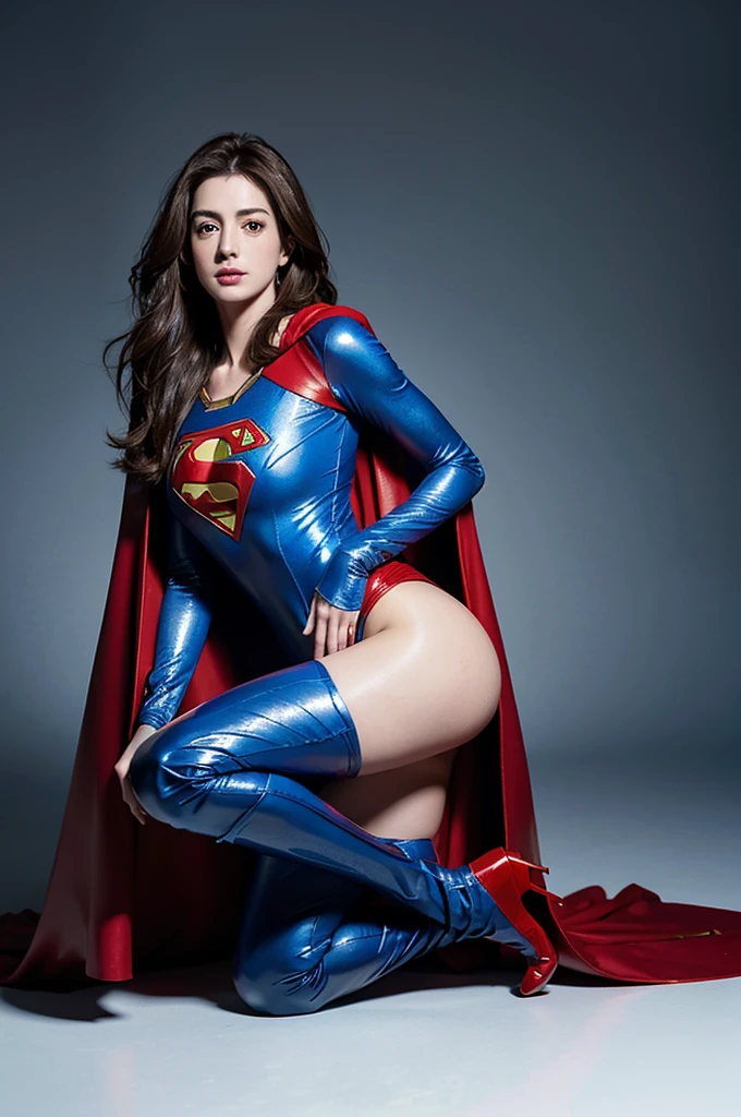 Anne Hathaway has long brown hair，White skin，Big breasts and butt，long legs，slender legs，Wearing a blue shiny full-coverage tight-fitting Superman suit，Red over-the-knee boots，red cloak，Kneel in the mire，Body facing the camera，Clothes covered with mud stains，Realistic style，full body picture