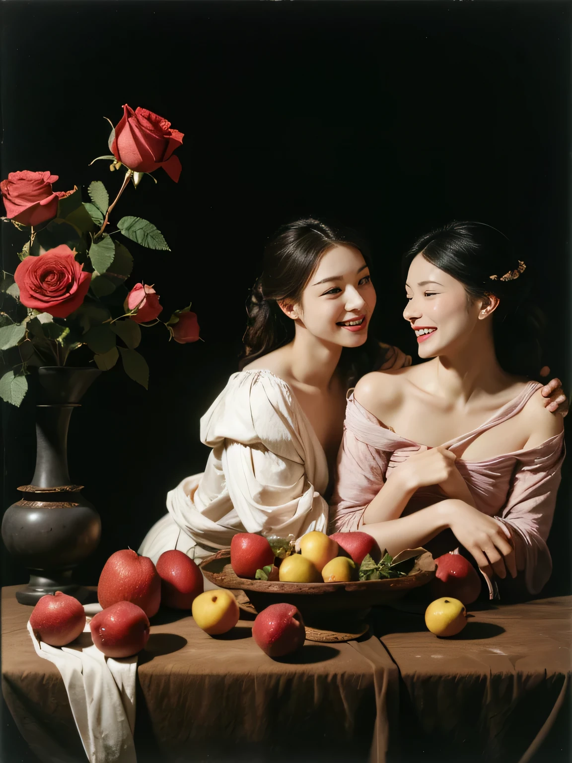 full body portrait ,fruits,Rose ,flower,rosa,antique,laughter,,sweet and enchanting appearance.、caravaggioの絵画、caravaggio&#39;chiaroscuro,Two women having fun,cute smile, expression of ecstasy
