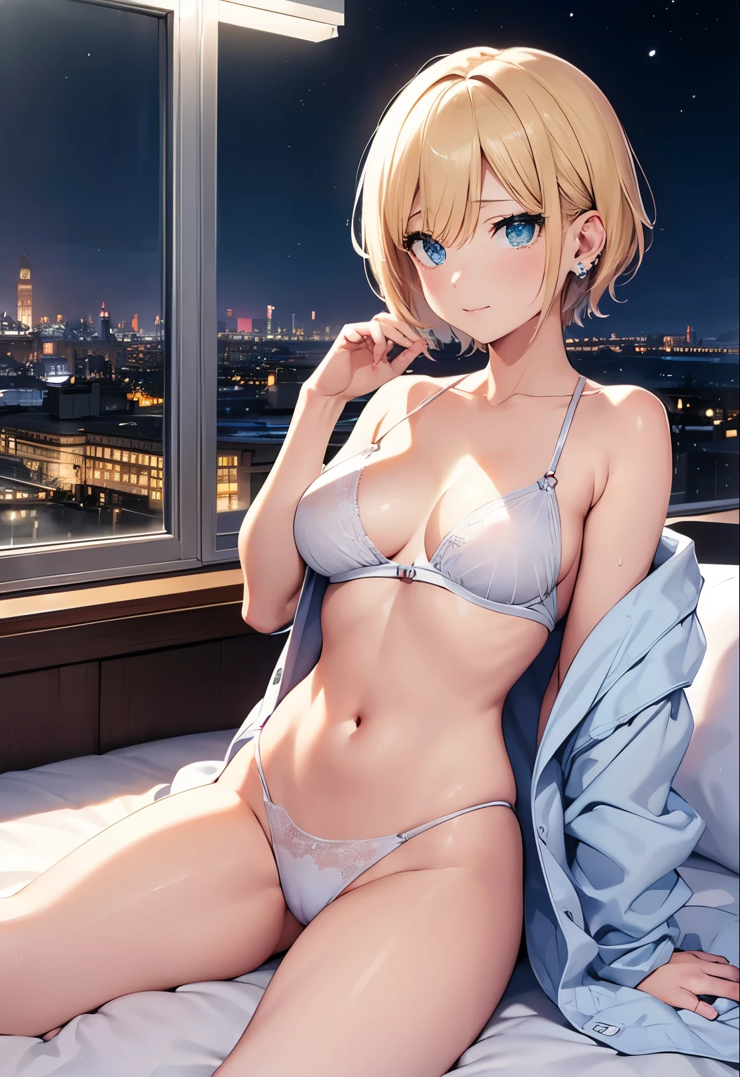 High resolution, 2D anime style,,blue eyes beautiful eyes,high and beautiful nose,thin face,blonde boyish short hair,cool woman,beautiful earrings,beautiful clock,Chest is slightly larger,she looks very sad,she is crying a little,biting one's lips,blush,she narrows her eyes, she is biting her nails,Fashion that shows off your stomach,she is wearing a fluffy bathrobe.,,sitting on the bed,bedroom at night,london cityscape