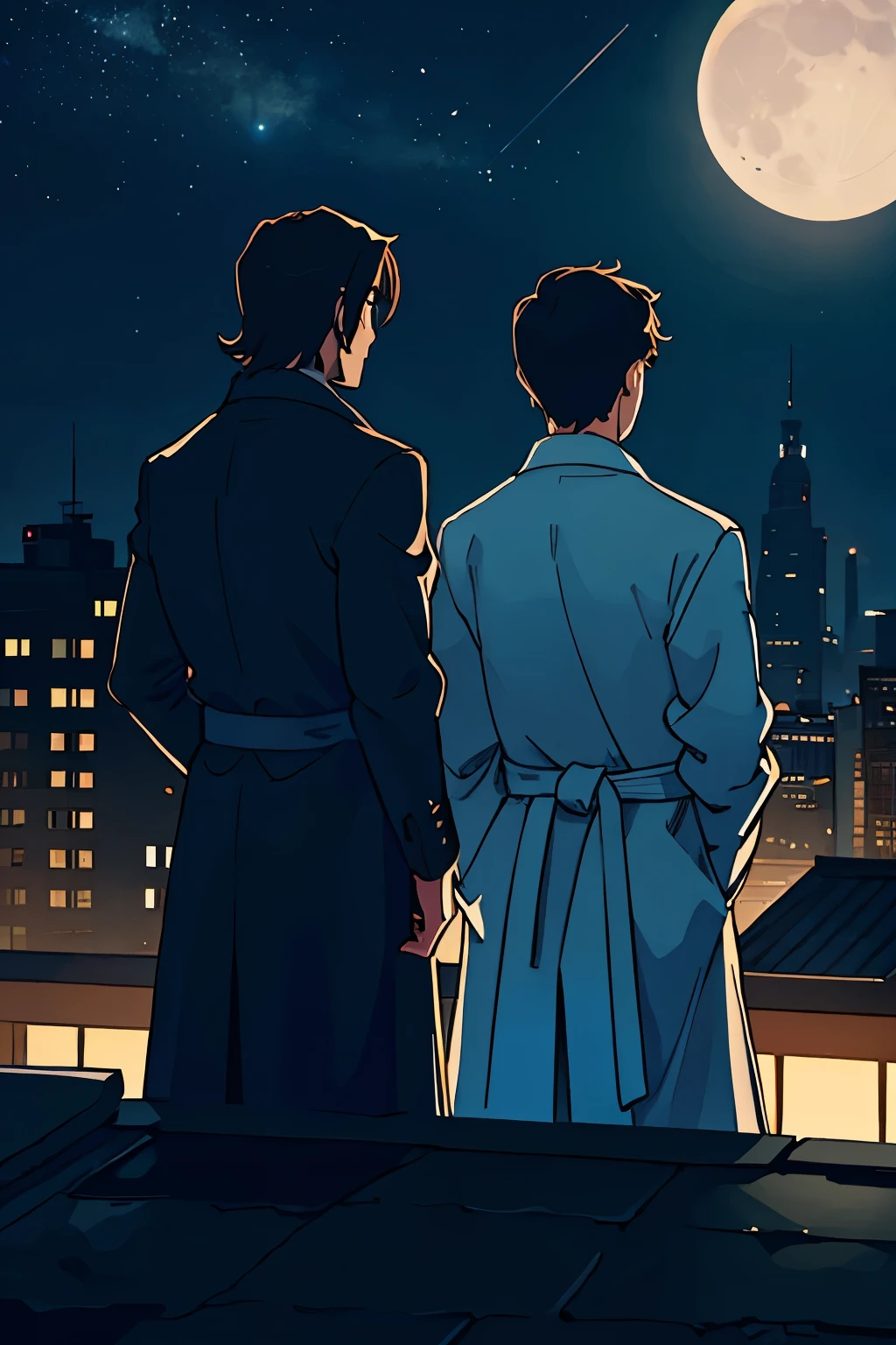 A city rooftop, bathed in the stillness of the night, beckons two dashing and tall men, silhouetted against the backdrop of the expansive, star-studded sky. The moon, a radiant beacon, casts a gentle light upon the scene, revealing the architectural grandeur of the meticulously lit buildings that encircle the rooftop. The night scene of the entire city comes alive, eliciting a sense of awe and tranquility.
Standing side by side on the rooftop, their shapes distinctly highlighted by the ethereal moonlight, the men exude an indescribable allure. The first man,