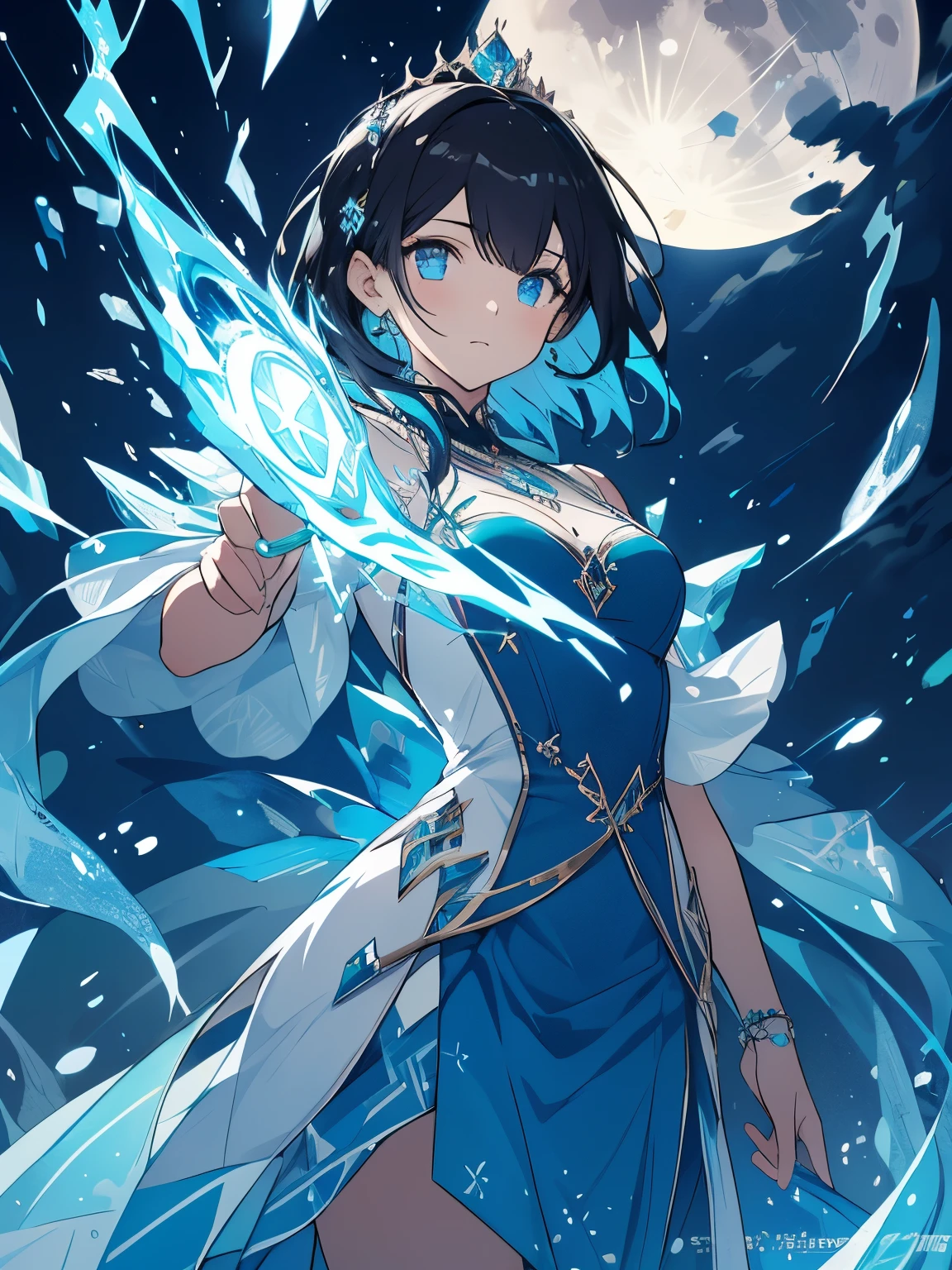 night, ((1 girl)), alone, masterpiece, 8k wallpaper, High resolution, disorganized, high quality background, short hair, black hair, multicolored hair, beautiful frozen village, (bright full moon), blue clothes, fine dress, jewelry dress, (magic:1.2), blue fire, blue eyes, shining eyes, fire, ice goddess, (blue detailed beautiful crown), electricity, blue electricity, Blue light particles