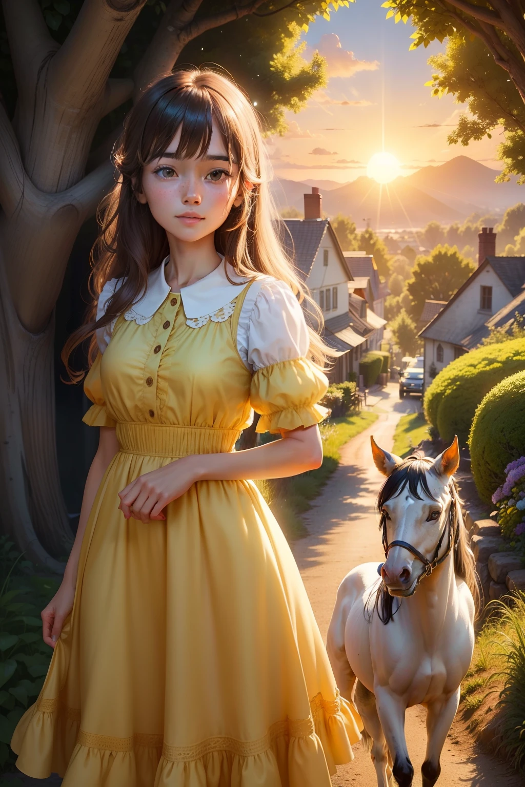 Once upon a time in the sunny town of Meadowville, lived a young girl named Lily, with her loyal horse, 8k. The town was bathed in sunlight, casting warm, golden hues over the Ultra HD, Pixar style landscape. Lily's vibrant, Disney-esque dress fluttered gently in the soft breeze as she brushed 8k's sleek, glossy coat, both of them a picture of contentment and friendship. The setting sun cast long, detailed shadows over the lush, animated foliage of the surrounding forest, adding depth and charm to this idyllic scene.