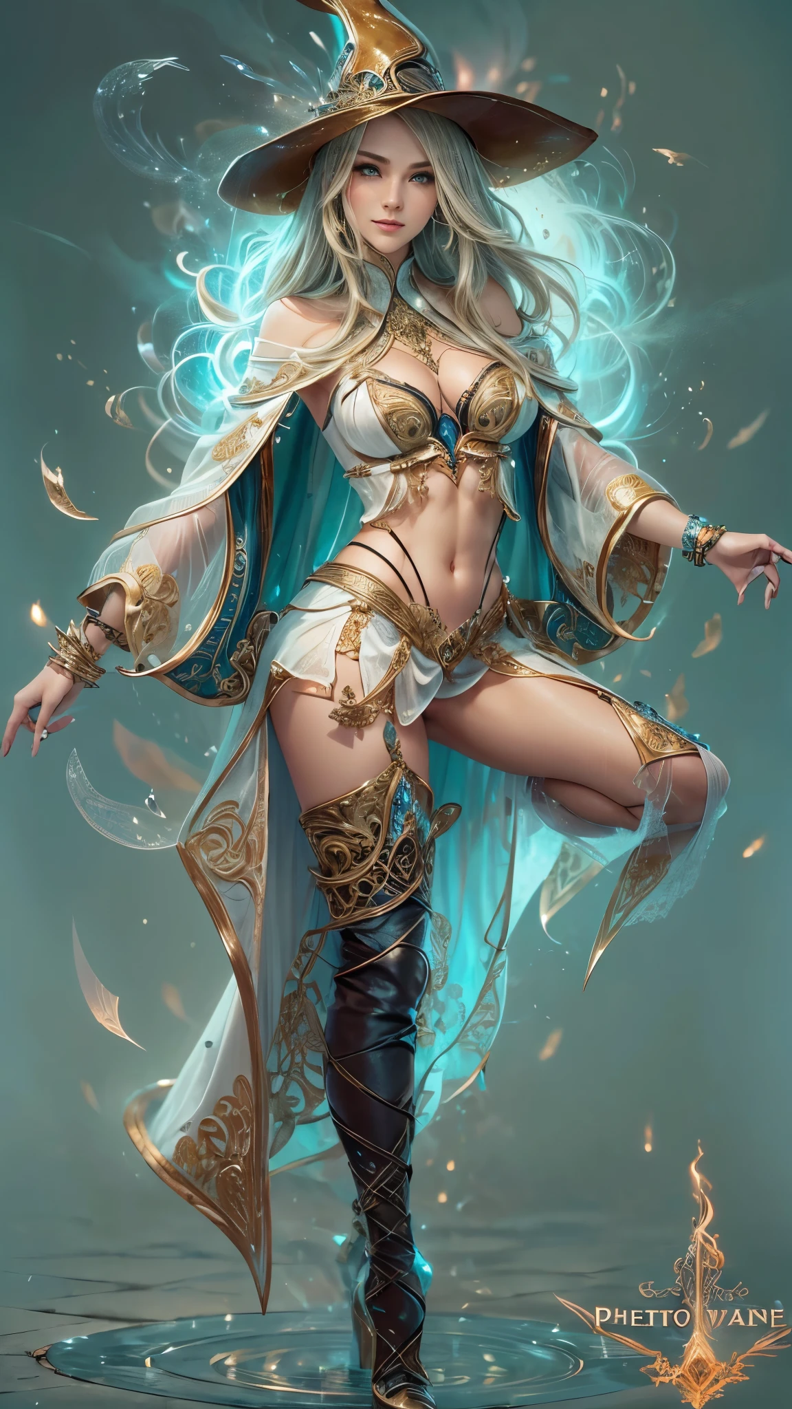 (RAW shooting:1.5, Photoreal:1.5, 8k, highest quality, masterpiece, ultra high resolution), magical world, perfect dynamic composition, Mysterious:1.3, Highly detailed skin and facial textures:1.3, Cute and sexy slim female wizard, beautiful and aesthetic, cute and sexy beauty, perfect style, wear elaborate rings, pose to cast a spell:1.3, fire, water, Wind, thunder, Fair skin, very beautiful face, (Medium chest, Chest gap), (embarrassing smile, The expression on your face when you feel intense caress, Facial expression when feeling pleasure), (How to properly wear an elegant wizard costume with split shoulders), (beautiful blue eyes, Eyes that feel beautiful eros:0.8), (Too erotic:0.9, Bewitching:0.9), full body shot