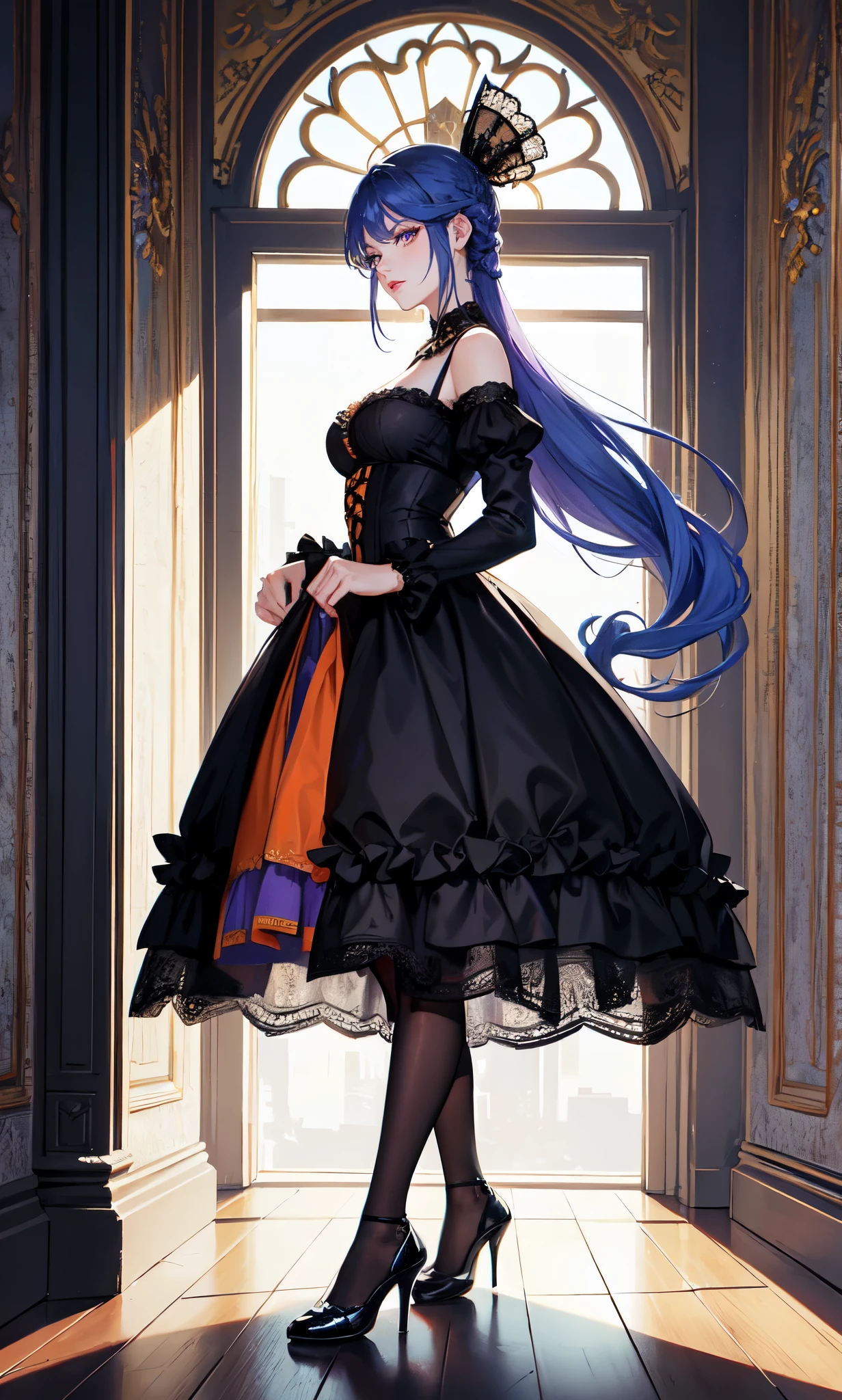 The city outside the window,(blue purple hair:2.0),head clamp,Loosely tied long hair,black bow,side braid,Standing close-up,dream world,Mature lady,(Slender orange phoenix eyes,lipstick,long eyelashes,beautiful nape),long eyelashes,Contact lenses,side fringe,(Light blue gauze,lace low cut long dress,Rococo court dress,black stockings:2.0),(big breast)(soft light and shadow:1.9),old style high heels,black stokings,Detailedly drawn backgrounds