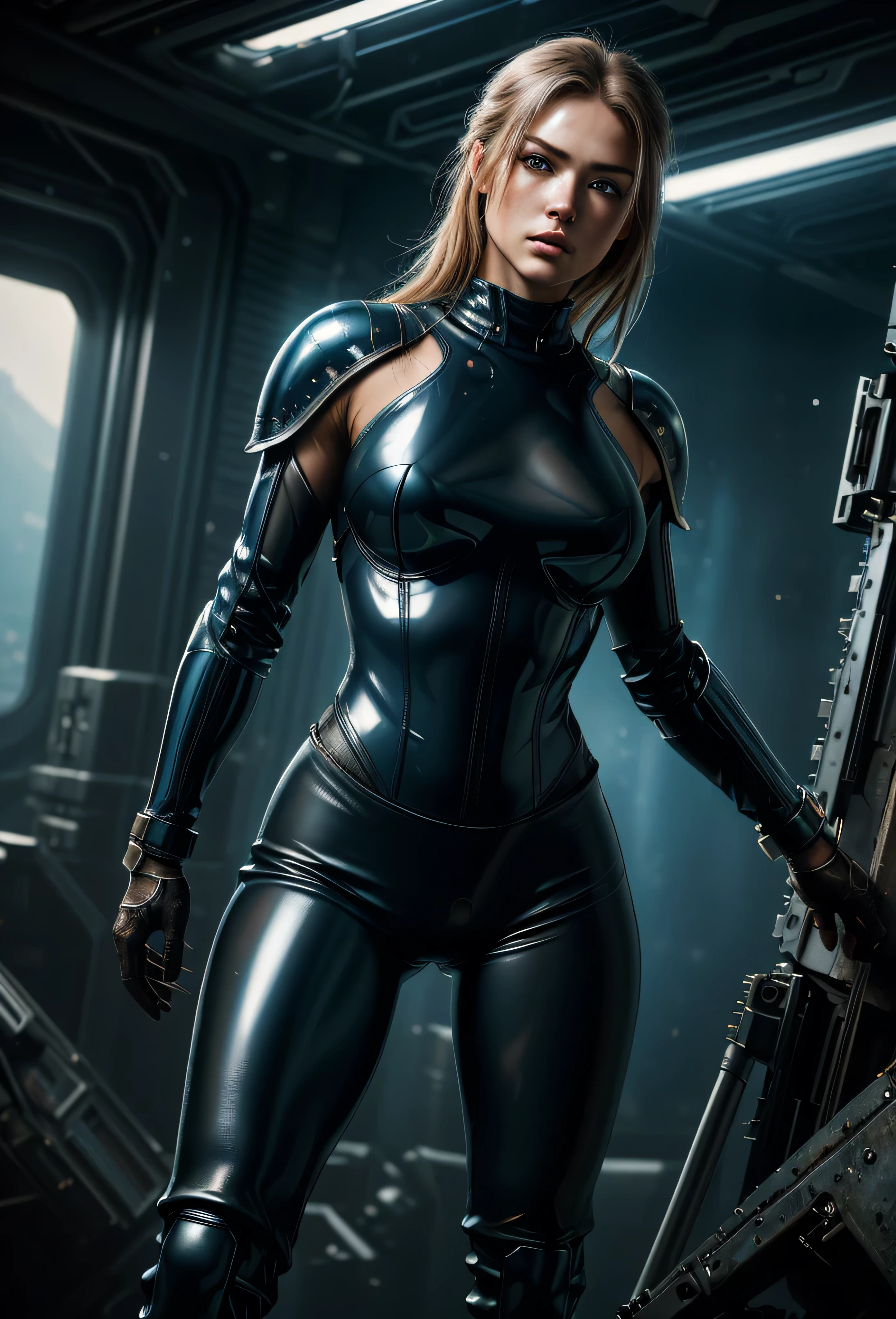 ((best quality)), ((masterpiece)), ((ultra-realistic)), (standing), Jim Lee's sublimely detailed soft oil painting, professional body shot, female sci-fi warrior, ((wearing clear skin) tight tight sexy futuristic armor )), ((tight leather pants)), ((knee-high leather boots)) beautiful, highly detailed blue eyes, freckles, thick black eyeliner, black eyeshadow, (creepy, dark, destroyed space station interior background), masterpiece, realistic, rough, ultra-realistic , masterpiece, realistic, roughness, ultra-realistic, shot with Canon EOS R5, 50mm lens, muted colors, F/2.8, HDR, 8k resolution, high, high detail, sharp focus, smooth, roughness, real life, photorealism, photography, 8k uhd,
