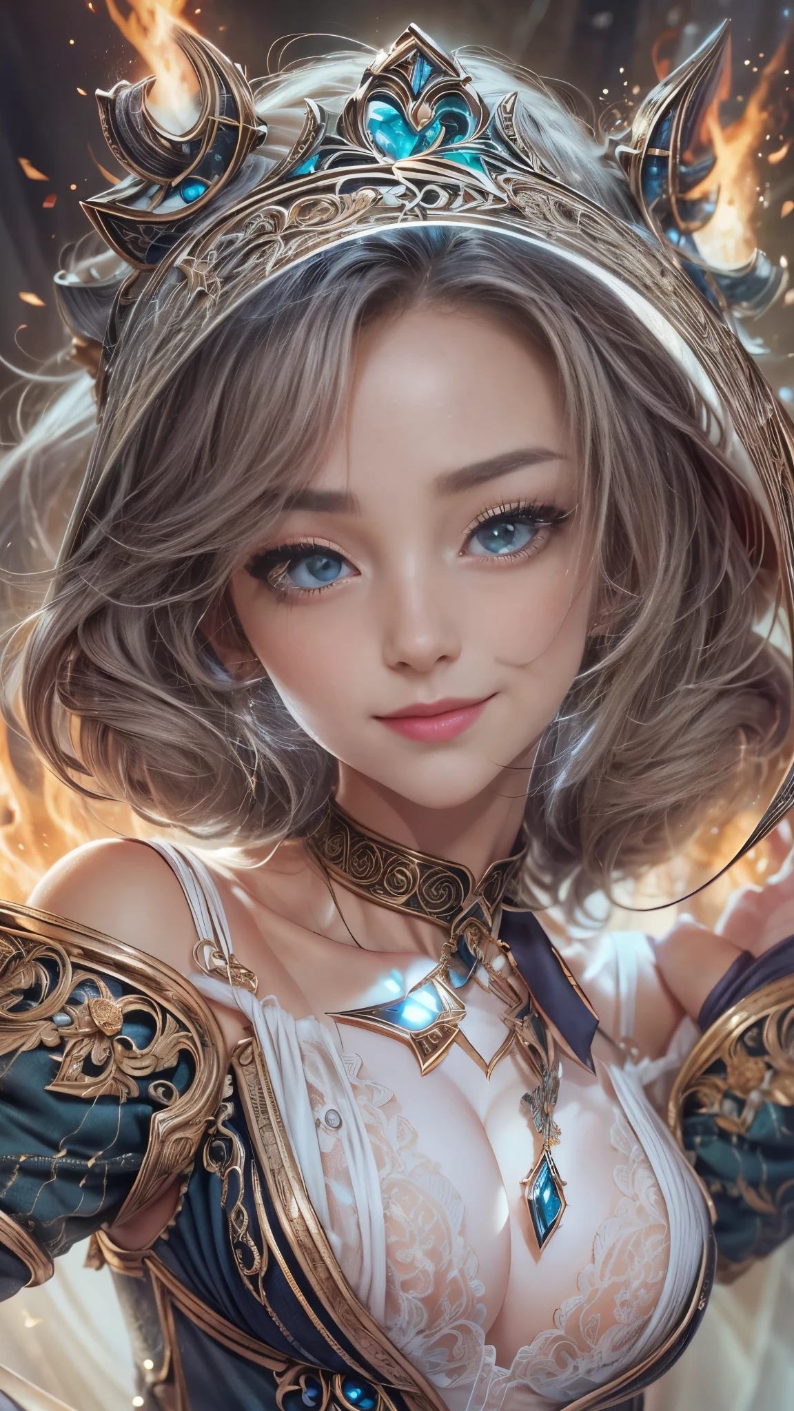 (RAW shooting:1.5, Photoreal:1.5, 8k, highest quality, masterpiece, ultra high resolution), magical world, perfect dynamic composition, Mysterious:1.3, Highly detailed skin and facial textures:1.3, Cute and sexy slim female wizard, beautiful and aesthetic, cute and sexy beauty, perfect style, wear elaborate rings, pose to cast a spell:1.3, fire, water, Wind, thunder, Fair skin, very beautiful face, (Medium chest, Chest gap), (embarrassing smile, The expression on your face when you feel intense caress, Facial expression when feeling pleasure), (How to properly wear an elegant wizard costume with split shoulders), (beautiful blue eyes, Eyes that feel beautiful eros:0.8), (Too erotic:0.9, Bewitching:0.9), full body shot
