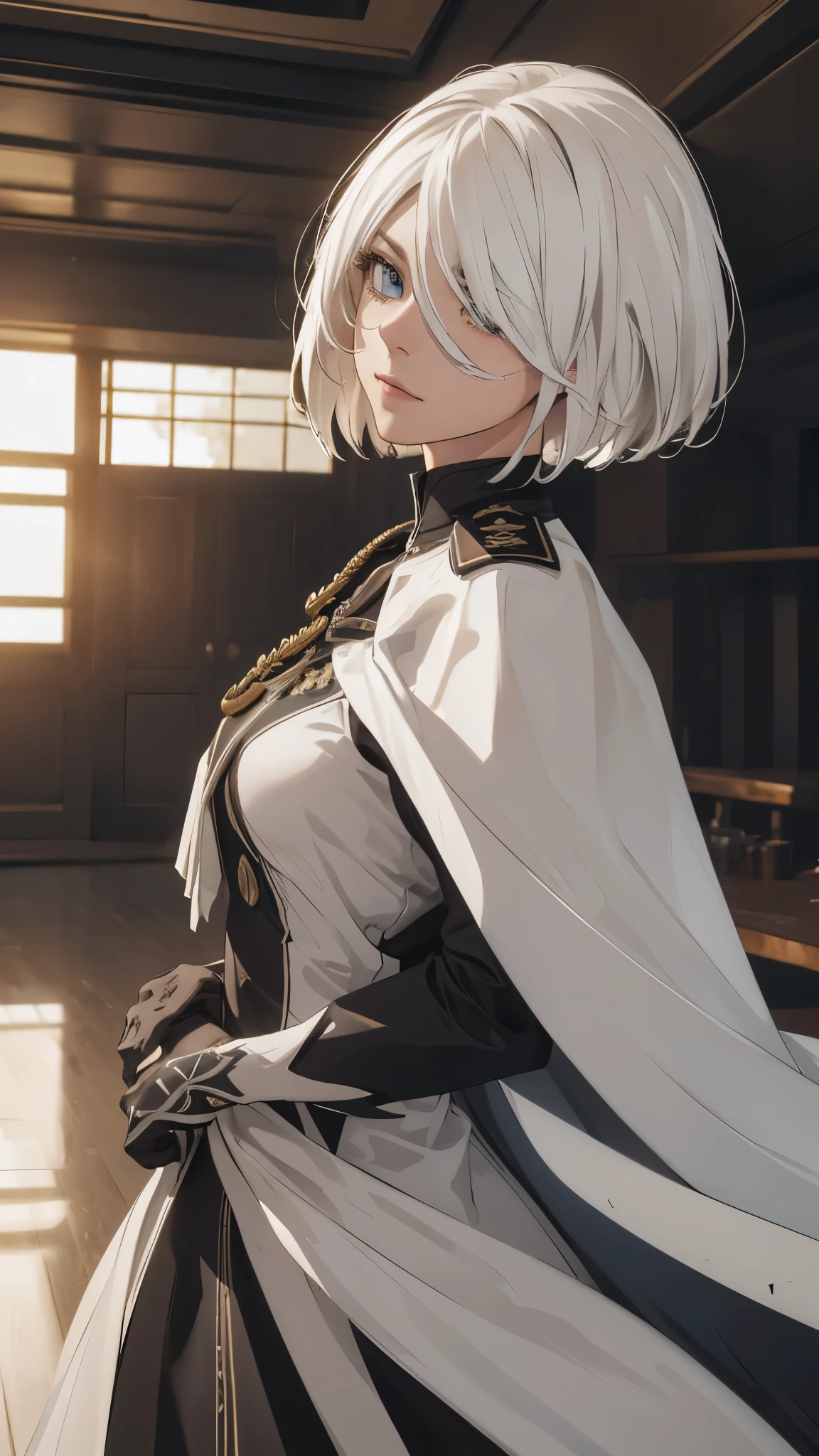 (extremely detailed CG unity 8k wallpaper), (masterpiece), (best quality), (ultra-detailed), (best illustration), (best shadow), (absurdres) ,(detailed eyes), 2b, 1girl, long hair, white hair, solo, Intimidating women, admiral uniform, night, hero pose, white clothes, General Uniform, Military Uniform, Sunlight, exposed to sunlight,commander, fighting pose, wearing cape