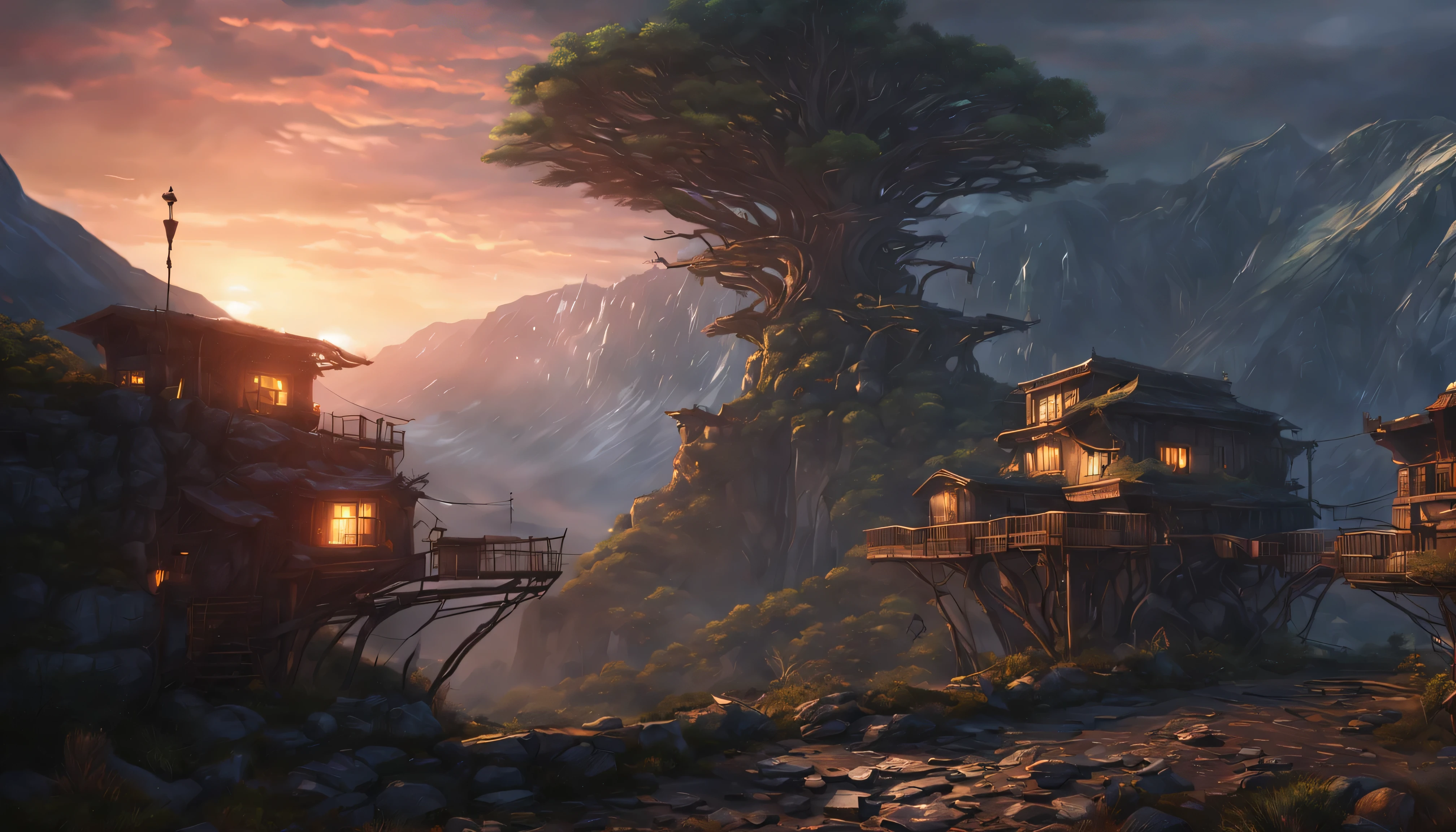 modern city, devil may cry 5, The clip, Tall Stone Tree Houses by Thomas Kinkade, shining street lights in a wide valley, Full-height atmospheric lighting, difficult, dystopian, Science fiction, extremely detailed, digital painting, art station, conceptual art, smooth, sharp focus, Illustration, scary lighting,