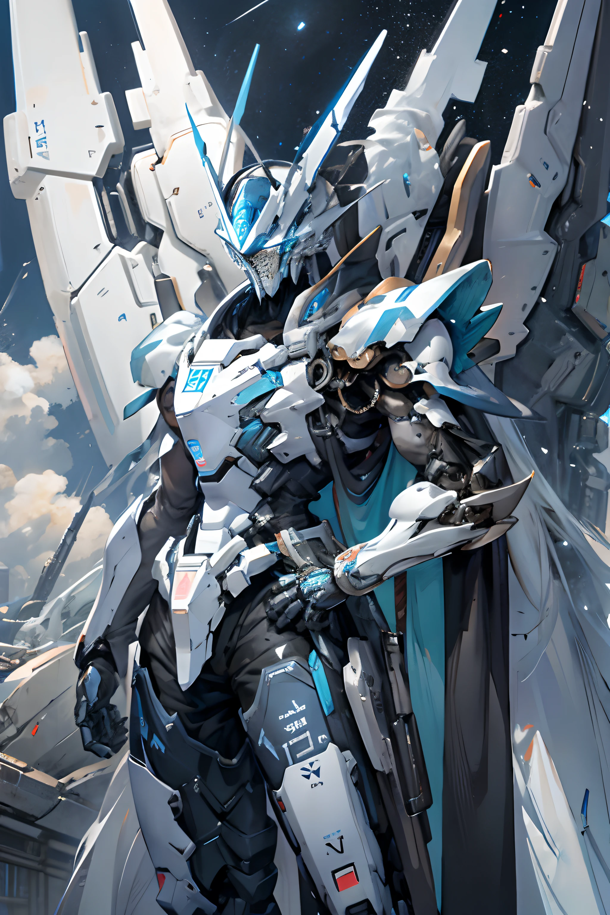giant exoskeleton robot，Strong posture，high contrast，black and white body，color of starry sky，blue energy lamp，kamen rider，Carrying a big knife on his shoulder，Wings of  Gundam，Mechanical feel，full coverage armor。