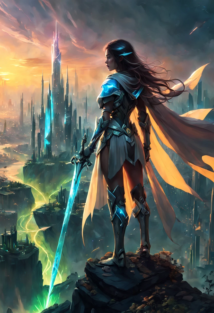 1girl, The hero standing on the top of the cliff overlooking the future city,glowing magic sword,Wearing ethereal light armor,Elegant cloak war wind,dynamic poses,heroic expression,vivid sunset sky,High fantasy sci-fi hybrid cityscape,Alien plants,Advanced technology,neon lights,broad shoulders,Firm eyes,(Mechanical Crystal Spear:1.5),(long hair:1.1),(clear muscle tone),crystal clear,sharp focus,bright colors,epic scenery,(Art:1.3),概念Art风格, (wide angle)、(best quality、8k、high resolution、masterpiece)、Super detailed