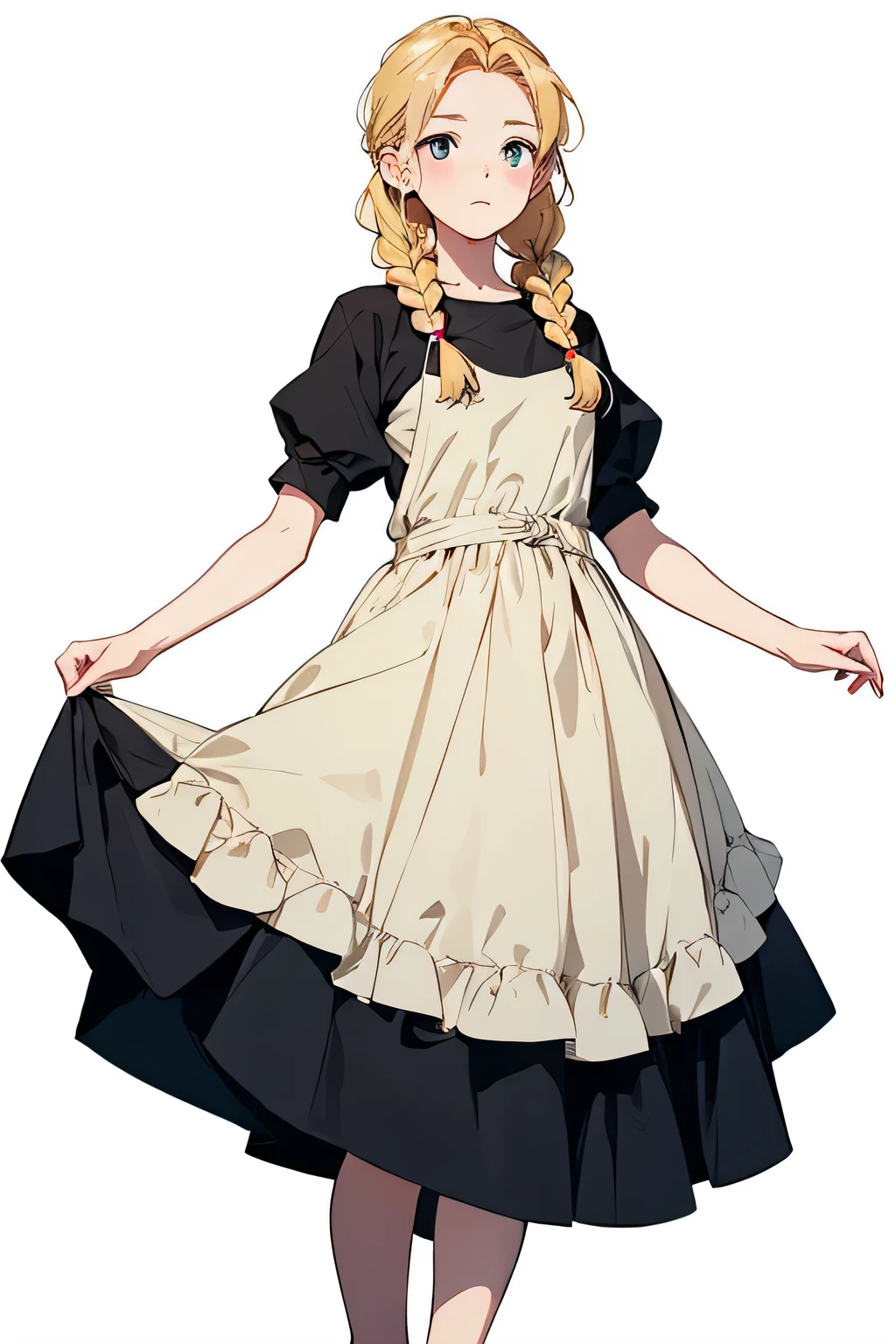 Vintage Ghibli style,A young girl with blond hair in a simple braid wearing simple clothes. Character designs are depicted on a white background, It has an anime style.