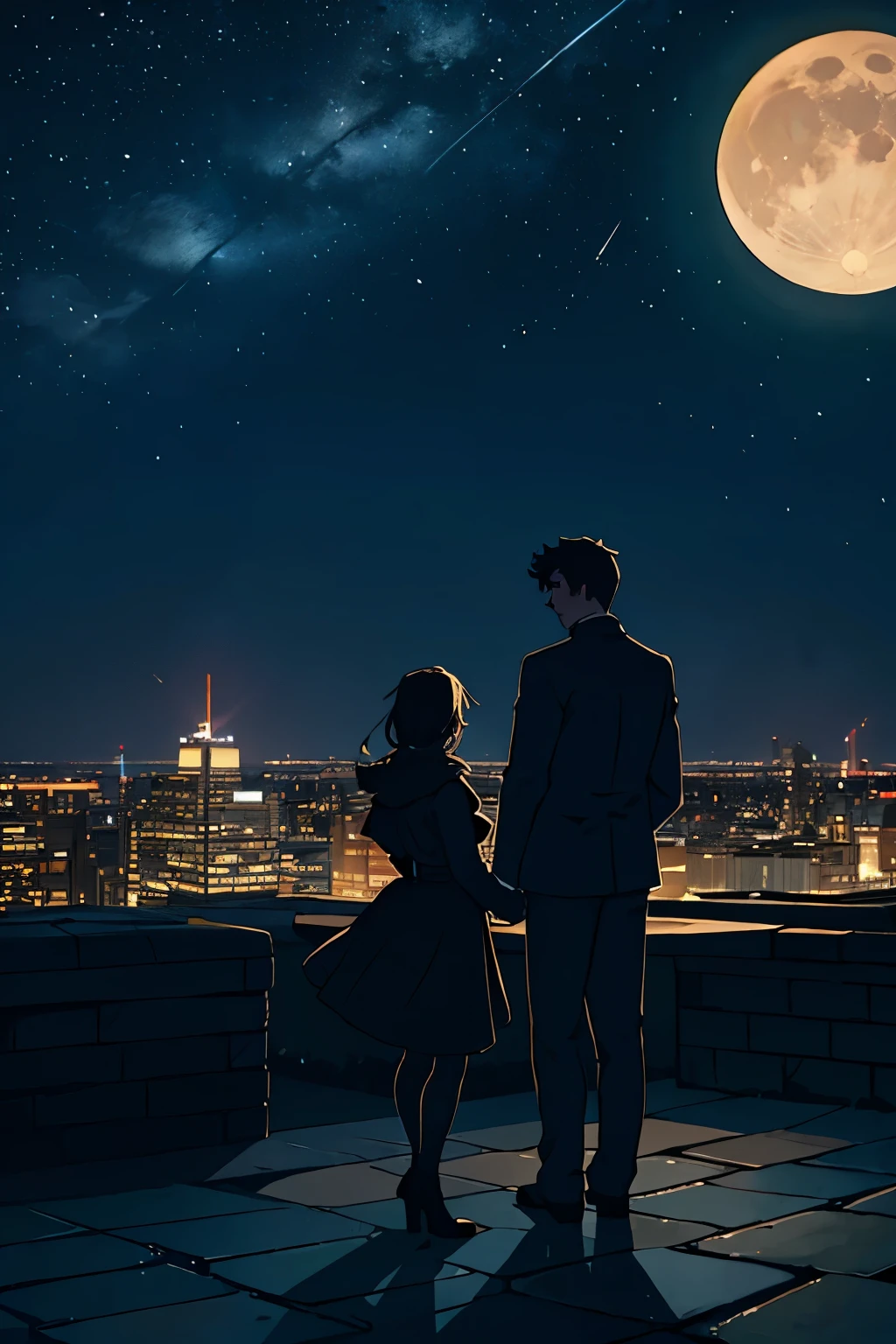 A city rooftop paved with worn-out brick tiles, the night sky above a breathtaking canvas of stars, a bright moon hanging low in the sky, casting long, dancing shadows on the rooftop's edge. The towering buildings surrounding the rooftop were bathed in a gentle, otherworldly glow, illuminating the night scene of the entire metropolis.
Standing on the rooftop, two handsome and tall figures silhouetted against the backdrop of the starry night. Their strong silhouettes were particularly eye-catching under the moon's soft, silver light. They stood together, bodies subtly closer, their presence undeniably captiv