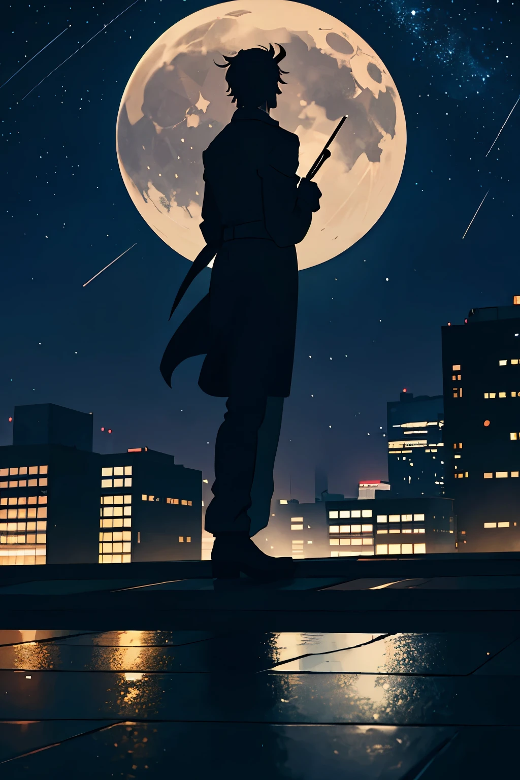 A city rooftop paved with worn-out brick tiles, the night sky above a breathtaking canvas of stars, a bright moon hanging low in the sky, casting long, dancing shadows on the rooftop's edge. The towering buildings surrounding the rooftop were bathed in a gentle, otherworldly glow, illuminating the night scene of the entire metropolis.
Standing on the rooftop, two handsome and tall figures silhouetted against the backdrop of the starry night. Their strong silhouettes were particularly eye-catching under the moon's soft, silver light. They stood together, bodies subtly closer, their presence undeniably captiv