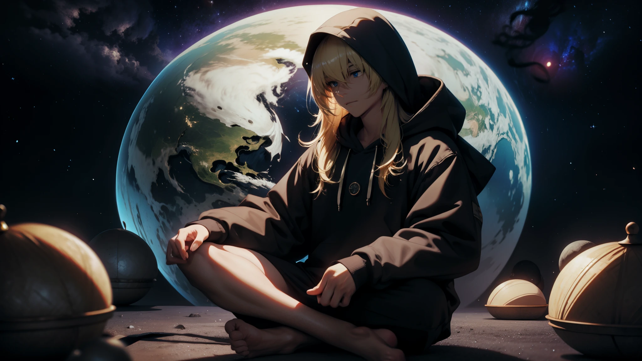 Intellectual long haired blonde guy sitting on earth doing zen meditation, Wearing a comfortable hoodie、Space clouds background, Vast galactic landscape, Guy meditating in outer space, Guy sitting on small earth、Liminal space in outer space!!!, Cosmic Enlightenment,