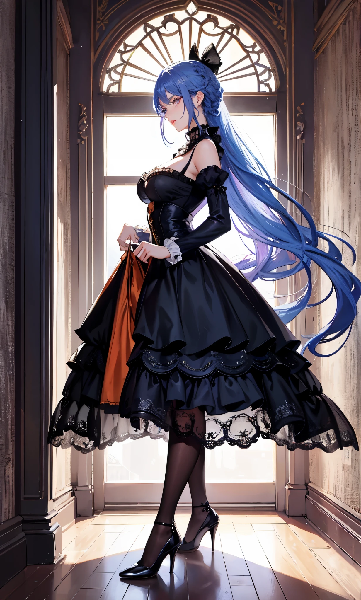 The city outside the window,(blue purple hair:2.0),head clamp,Loosely tied long hair,black bow,side braid,Standing close-up,dream world,Mature lady,(Slender orange phoenix eyes,lipstick,long eyelashes,beautiful nape),long eyelashes,Contact lenses,side fringe,(Light blue gauze,lace low cut long dress,Rococo court dress,black stockings:2.0),(big breast)(soft light and shadow:1.9),old style high heels,black stokings,Detailedly drawn backgrounds