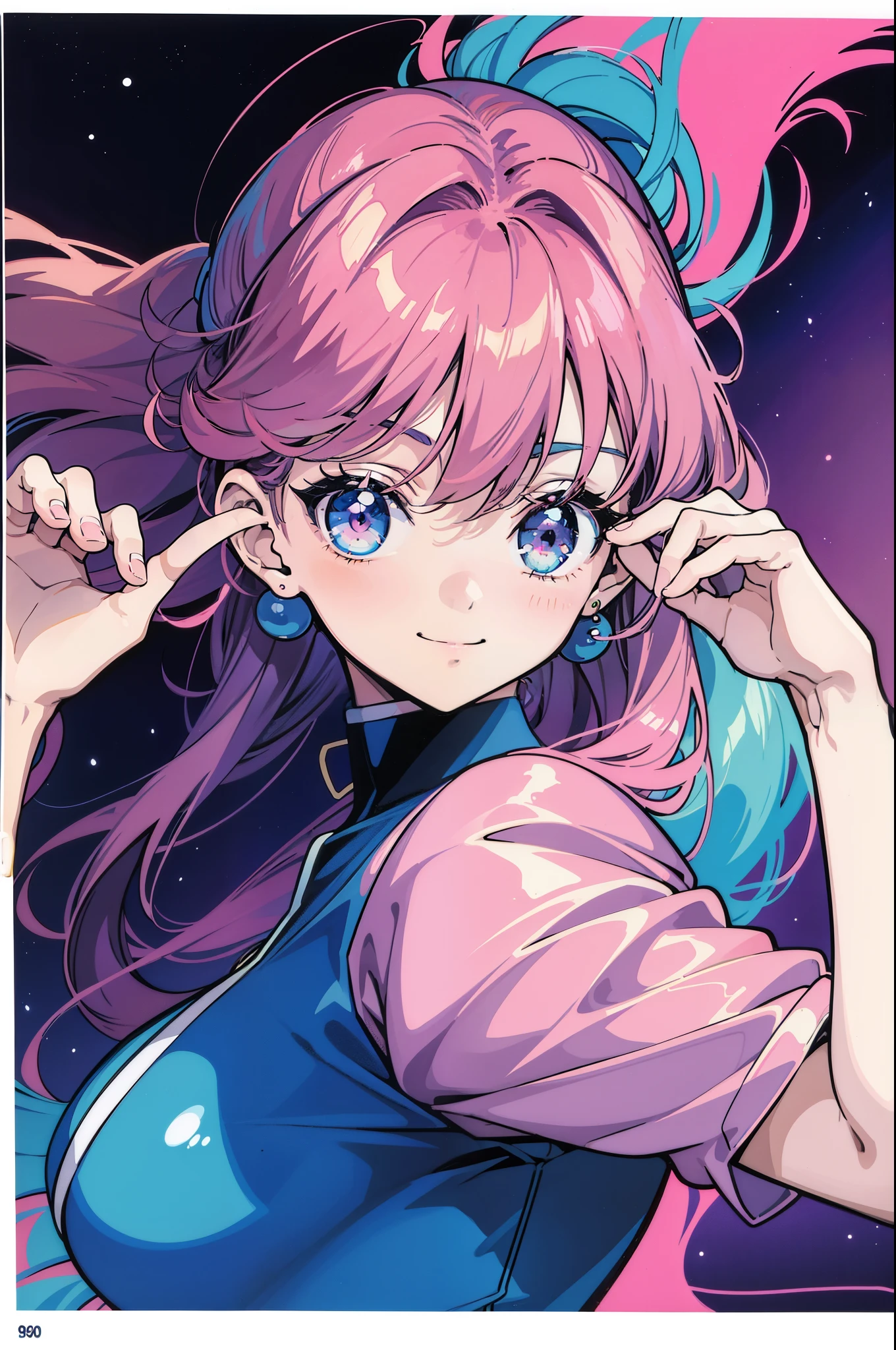In town、city、girl、90'anime art style, 80&#39;anime art style, In the art style of 80's anime, 9 0 s anime aesthetic, retro anime images, 90s anime style, 90s anime style, 80&#39;s anime style, 1980's anime style、poster of、pull the hand of the person watching、fearless smile