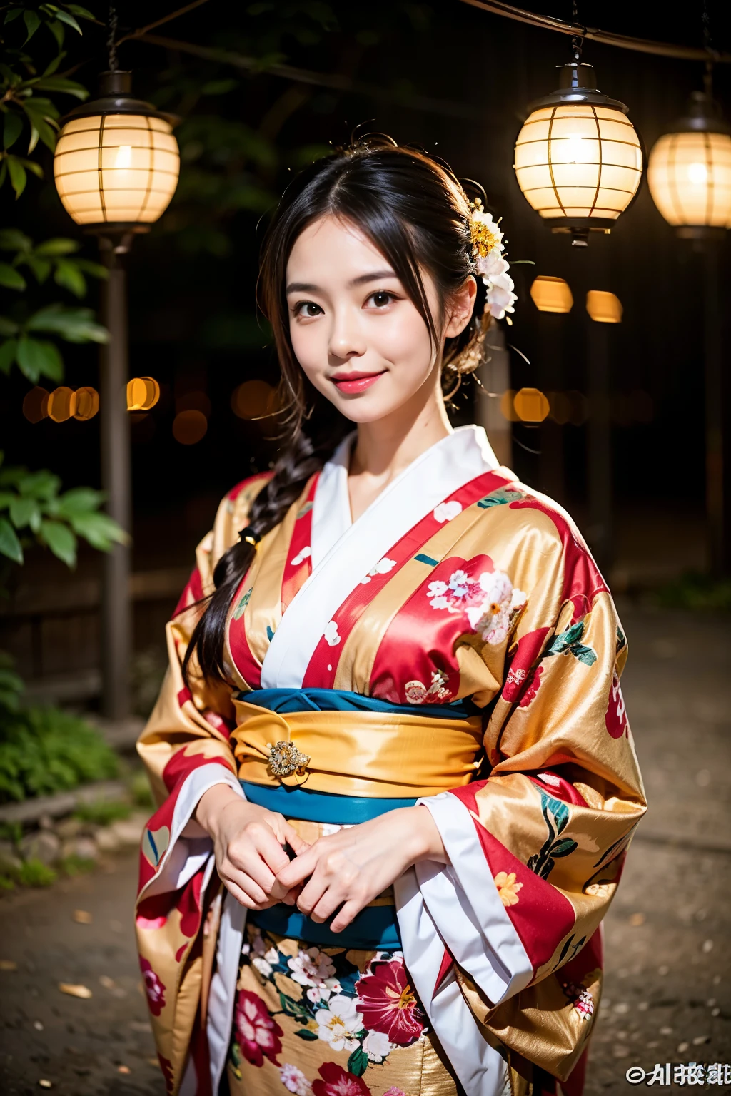 (woman wearing a blue kimono)、20th generation、Japanese、(short cut hairstyle)、I'm looking at the camera with a smile on my face、(The background is a Japanese garden)、blue sky、daytime、