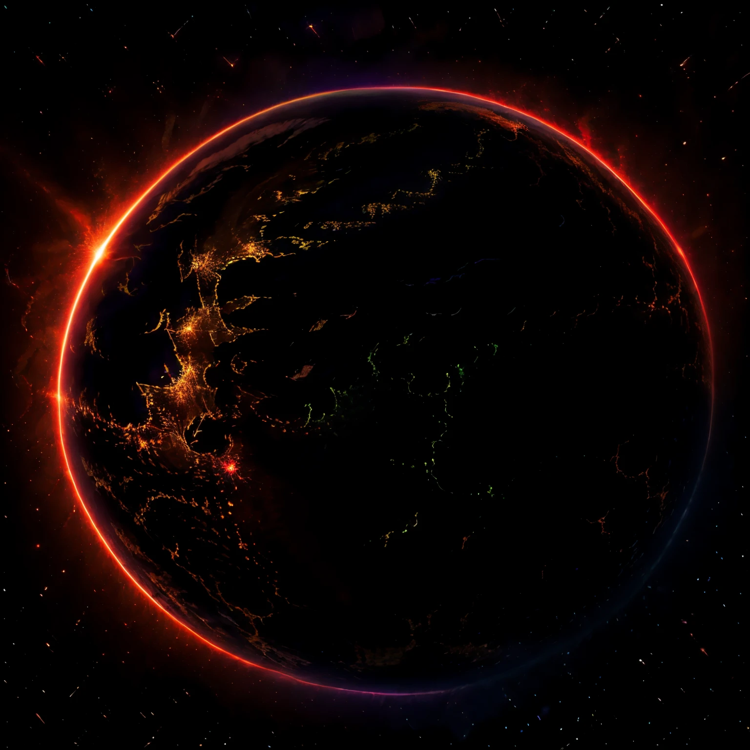 planet, earth, glare of light, dark side, city lights, dark sky, sharp colors, extremely detailed 8k wallpaper