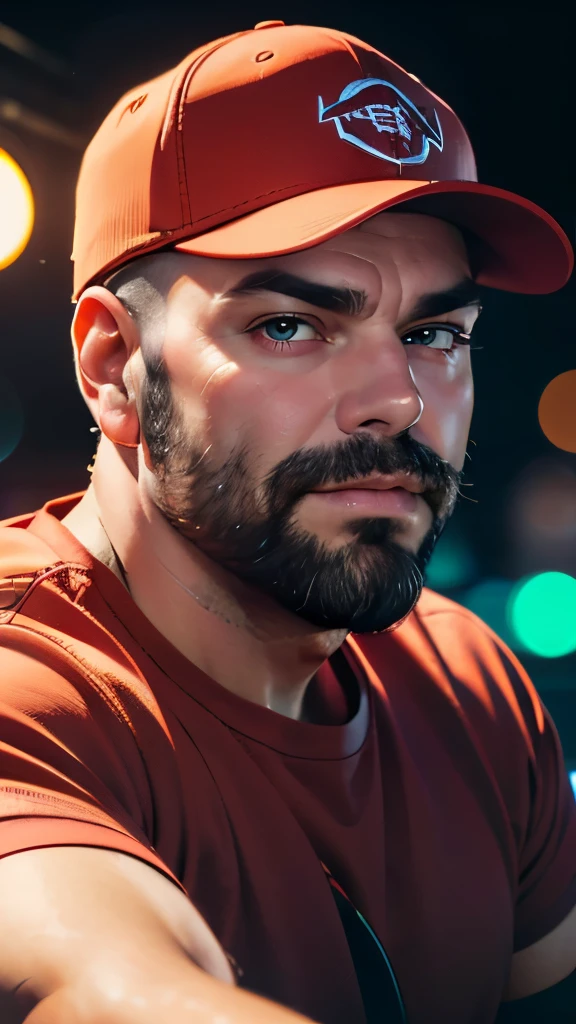 (masterpiece, best quality, RAW photo, 8k, highest resolution) portrait, closeup head and shoulders, middle aged man, 50 years old (Keemstar) sitting, looking at viewer, evil grin, stocky, fat, well built, wearing baseball cap, red t shirt, streamer bedroom background, bokeh, depth of field, microphone, villain, internet drama, incel, bad guy, bully neon, purple lights,