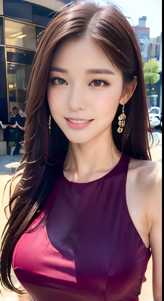 ((highest quality, 8k, masterpiece :1.3)), 1 girl, smile, whole body, slim face, Beautiful woman, (dark brown hair), red full length dress :1.1, super detailed face, fine eyes, double eyelid, blur background, slim face, city, outside, street,big breasts:1.3,175cm,