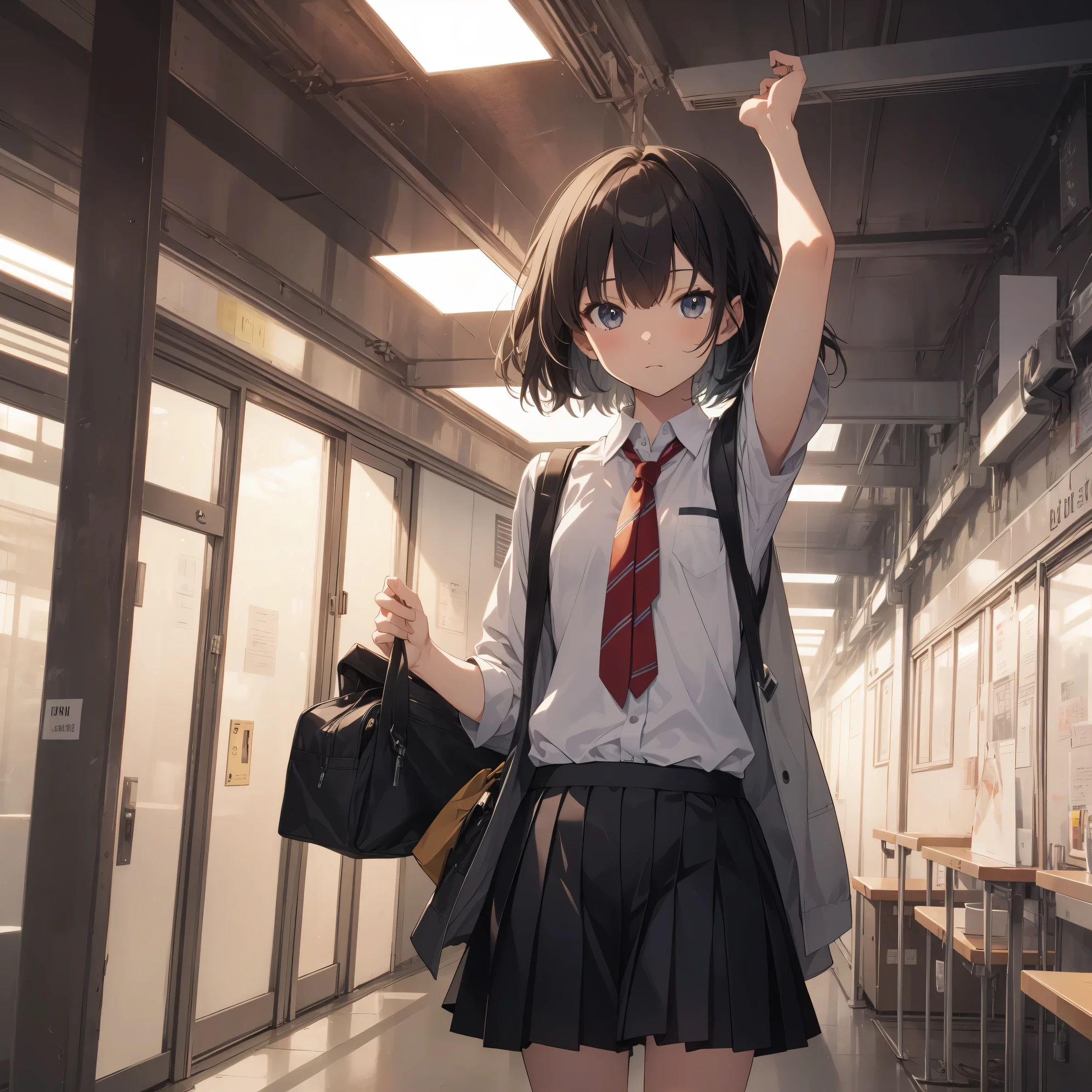Ultra-highest quality by the art god, super detailed, High resolution, anime moe art style, Best Anime 8K Kona-chan Wallpaper, pixiv contest winner, perfect anatomy, break,(眠そうにalone学校へ行く女の子を描いてください. )break,1 girl, (alone,little woman, , :1.3),All limbs, full finger,, The charm of an immature body, (very short hair), bangs, bow, flat chest, Small Bodysuits, small ass, between legs, small black eyes, detailed and beautiful eyes, Well-proportioned iris and pupils, expressive eyes, High resolutionの詳細な髪, ribbon, neck ribbon, skirt, collared shirt, pleated skirt, school uniform, school bag,(detailed lighting), (detailed background), On the way to school. break,super dense skin, Best lighting by famous artists, 8k, cute illustration,Hmm, rough skin