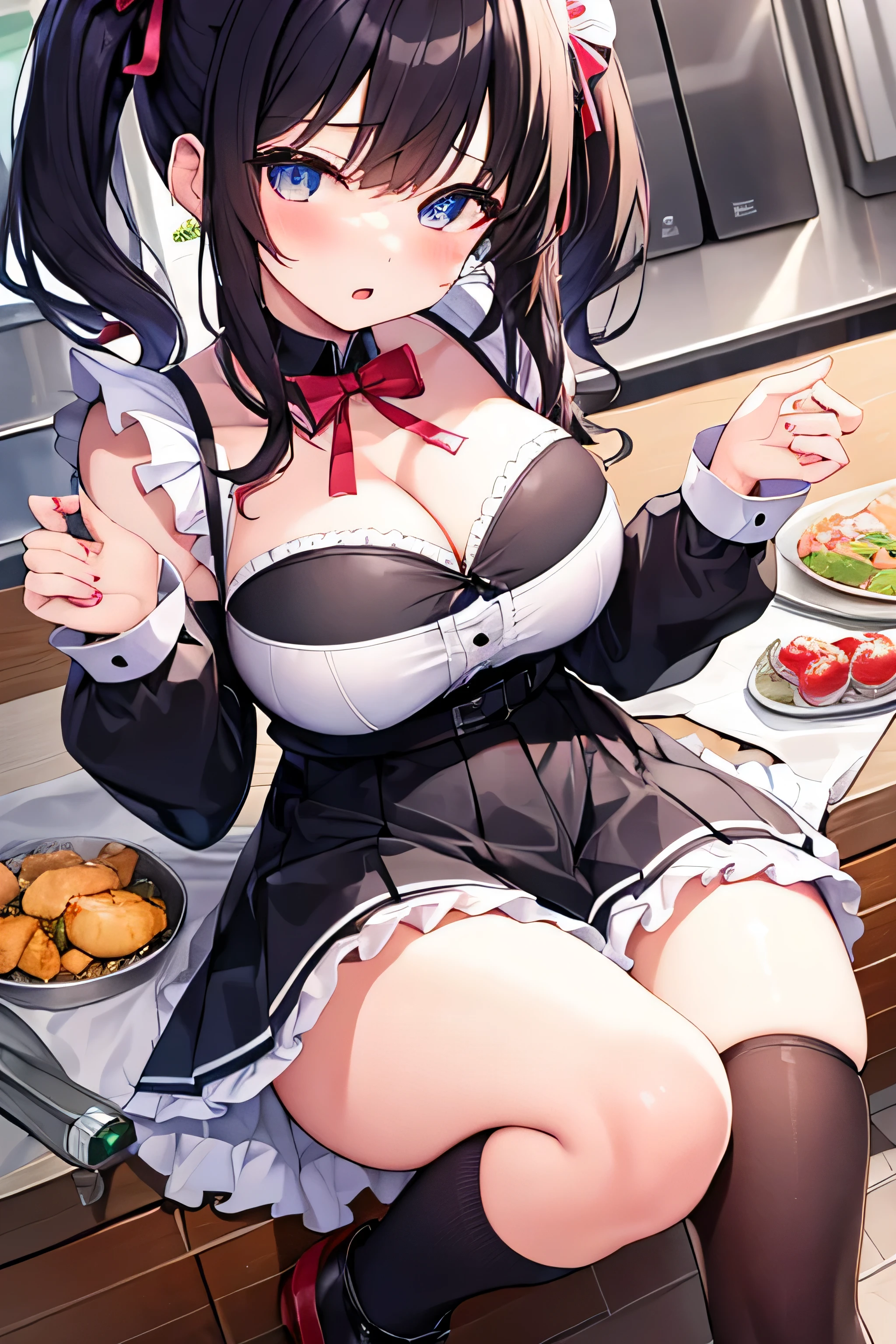 masterpiece、Highest image quality、ultra high resolution、 schoolgirl with big tits、twin tail hairstyle、black hair、red face、mock、Open your mouth just a little、A white maid outfit that shows the cleavage of a teen、Maid headband for teenage olgirls、Knee high socks for teenage schorls、Inside the kitchen