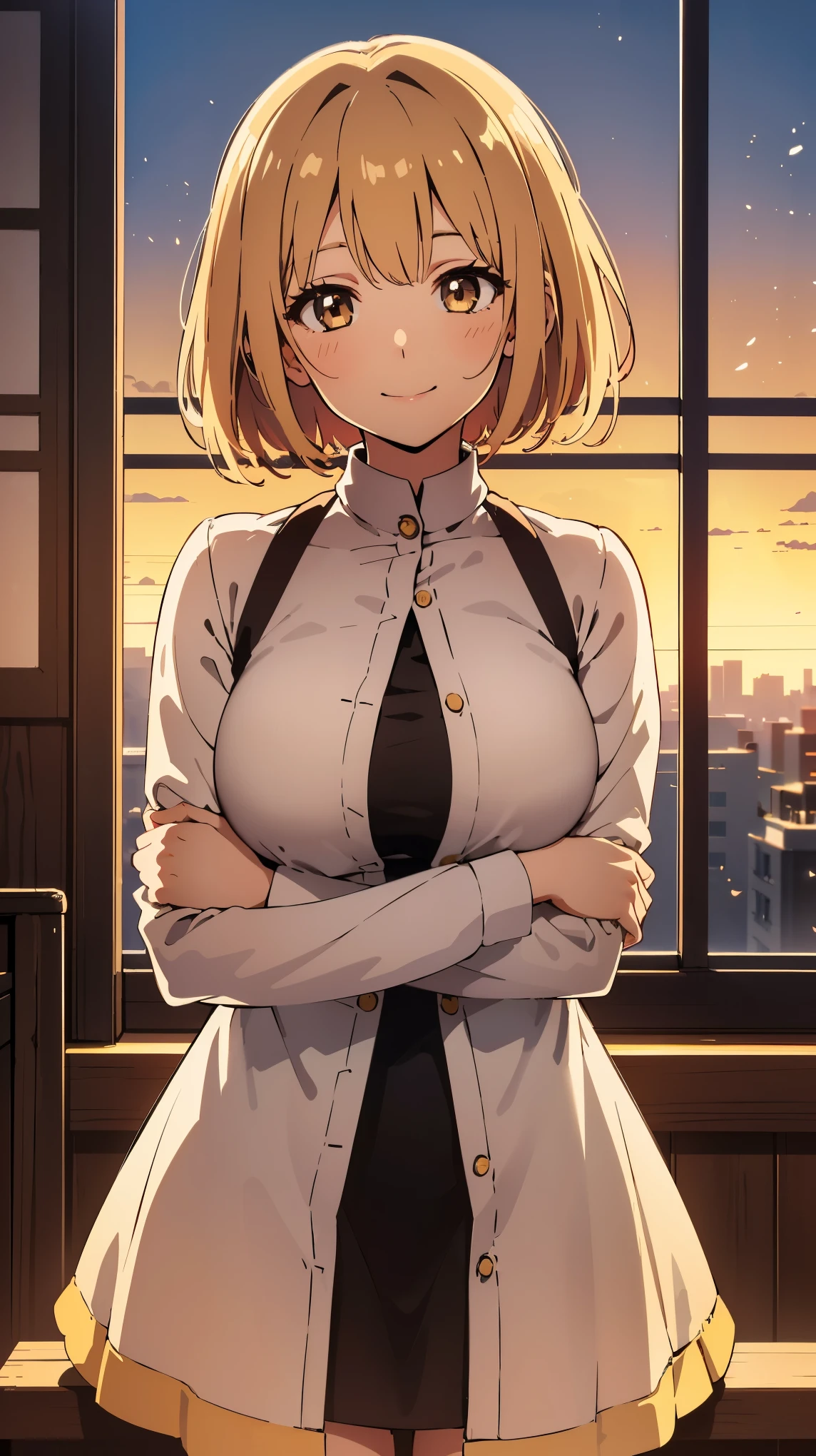 best quality, detailed face, 1girl, middle breast, smile, dressed up, (Charming, Puffy eyes:1.2), good anatomy, looking at viewer, soft focus, ((Golden hour lighting)), depth of field, happy expression, shortcut hair,