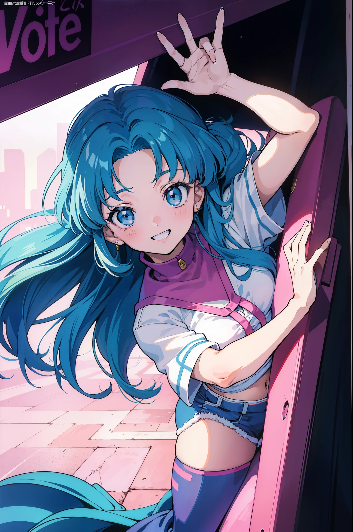 In town、city、girl、90'anime art style, 80'anime art style, In the art style of 80's anime, 9 0 s anime aesthetic, retro anime images, 90s anime style, 90s anime style, 80's anime style, 1980's anime style、poster of、pull the hand of the person watching、fearless smile