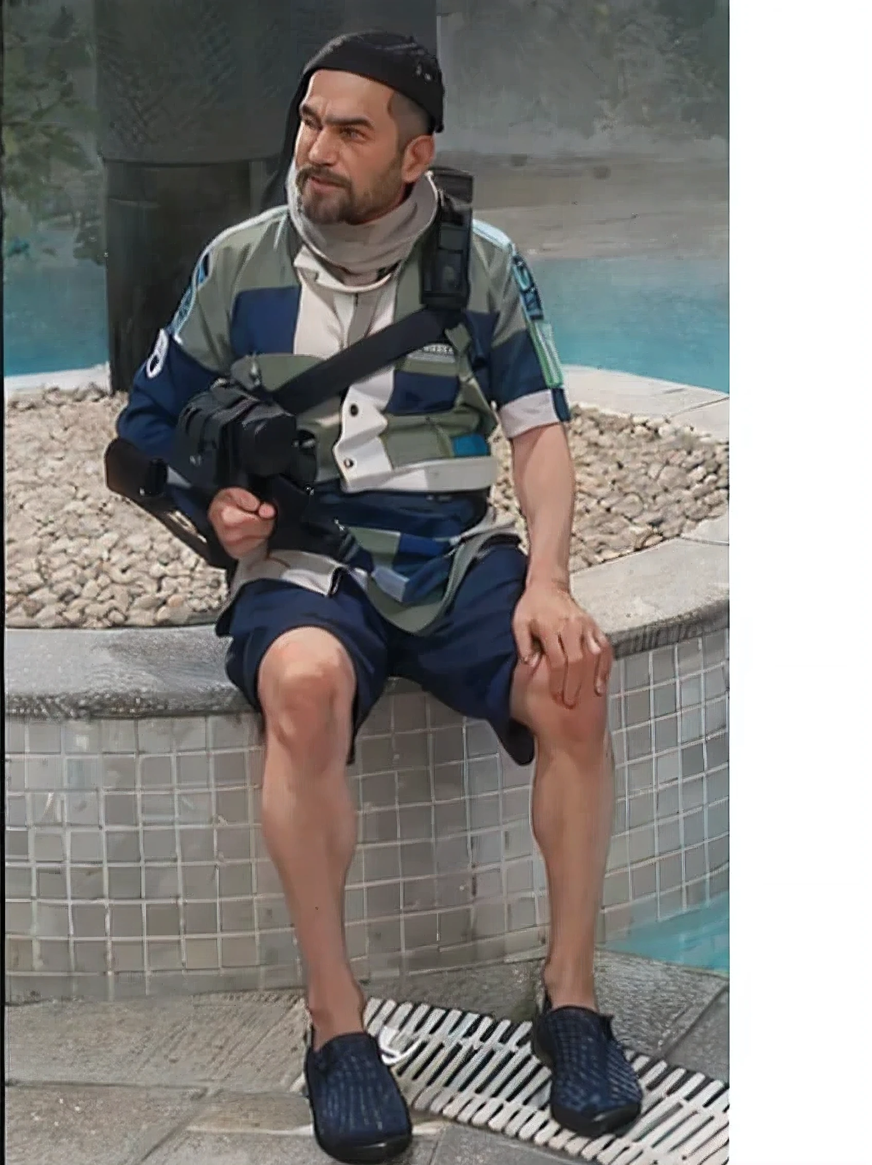 An Arav man is sitting on the edge with a camera and a camera bag.., squatting down beside the pool, one legged amputee, Cover with a bandage., full body picture, beside the pool, The body swells until it explodes.., injury, Wear knee and elbow pads.., Reddit memes, Wear epic bionic implants., Very low quality pictures