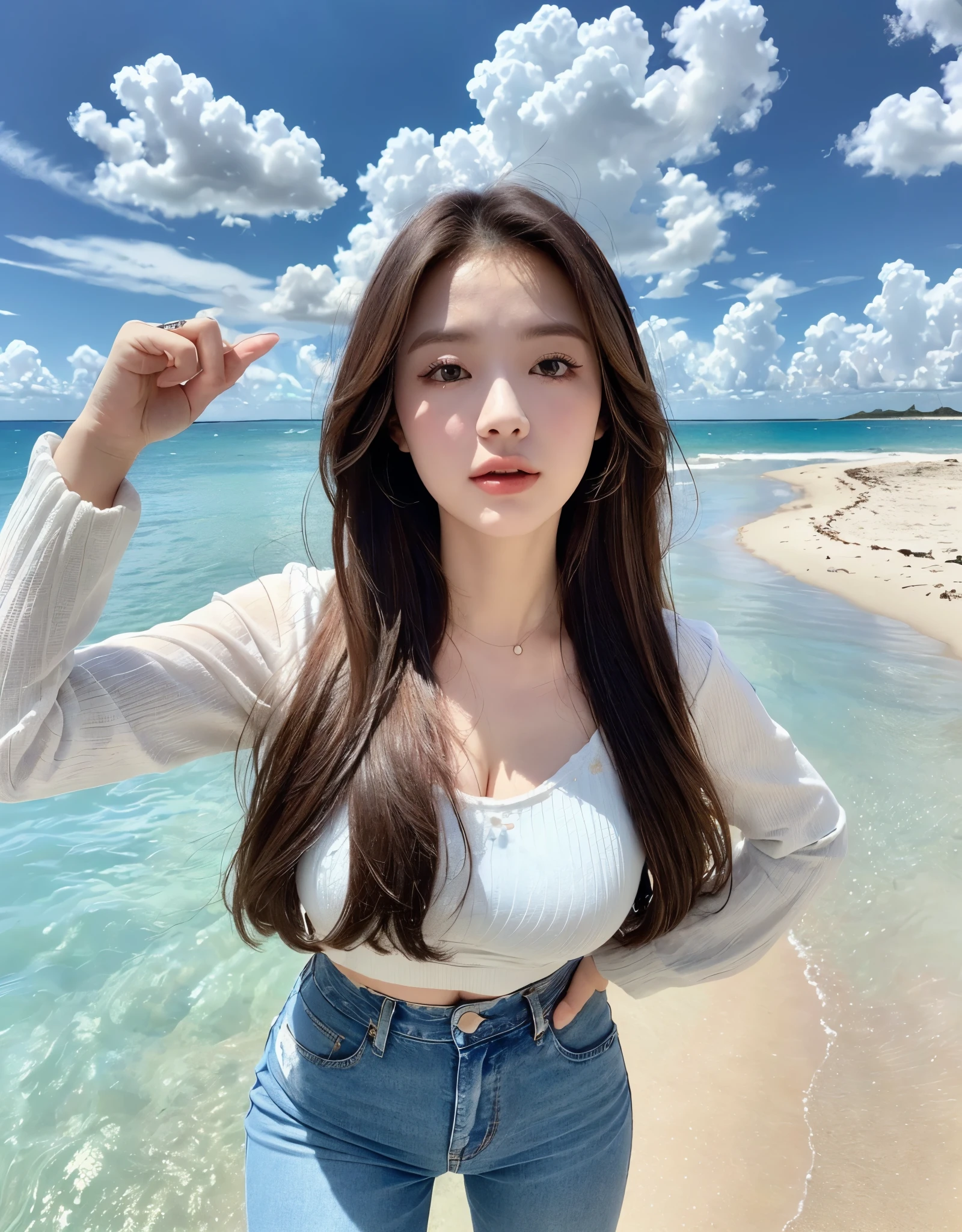(during the day, need, 8k, master piece:1.3)), full body esbian, long legs, four colors:1.2, beautiful woman with perfect figure:1.4, slim abs:1.1, ((dark brown hair, huge tit:1.2 )), (long sleeve white tops, denim pants,standing on one's own feet:1.2), ((Ocean, sandy beach,blue sky and white clouds:1.3)), Highly detailed face and skin texture, detailed eyes, double eyelid,long flowing hair
