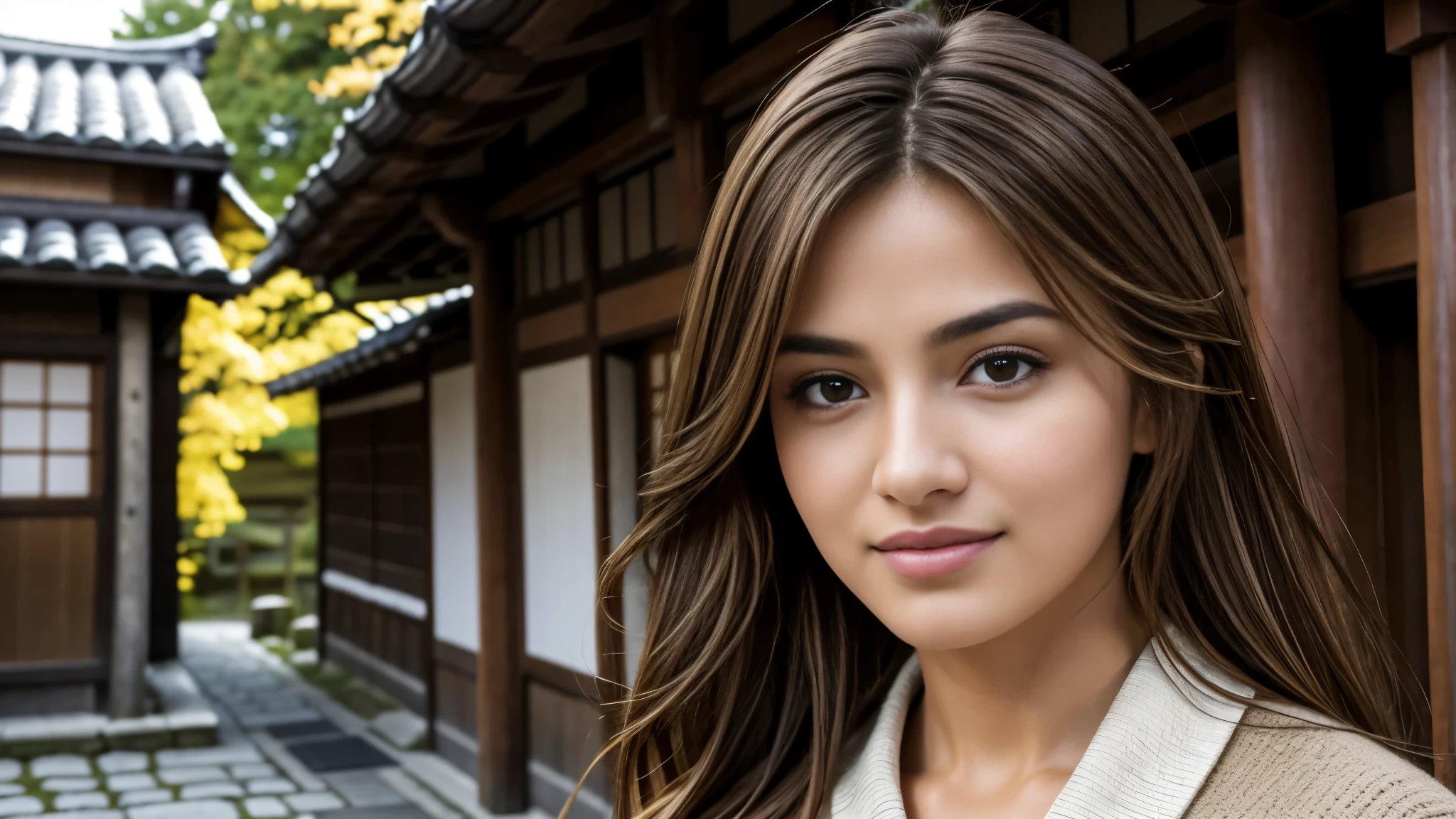 masterpiece, Best Quality, Photorealistic, Ultra-detailed, finely detailed, High resolution, 8K Wallpaper, 1 beautiful woman, light brown hair, foco nítido, Perfect dynamic composition, Beautiful detailed eyes, detailed hairs, Detailed realistic skin texture, Smiling, portrait, Model body type, Take a walk in the Shirakawa village of Japan,