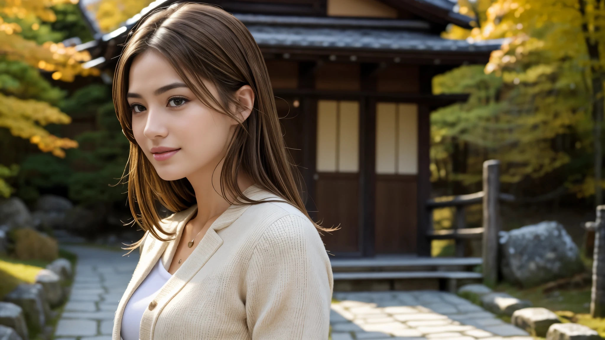 masterpiece, Best Quality, Photorealistic, Ultra-detailed, finely detailed, High resolution, 8K Wallpaper, 1 beautiful woman, light brown hair, foco nítido, Perfect dynamic composition, Beautiful detailed eyes, detailed hairs, Detailed realistic skin texture, Smiling, portrait, Model body type, Take a walk in the Shirakawa village of Japan,