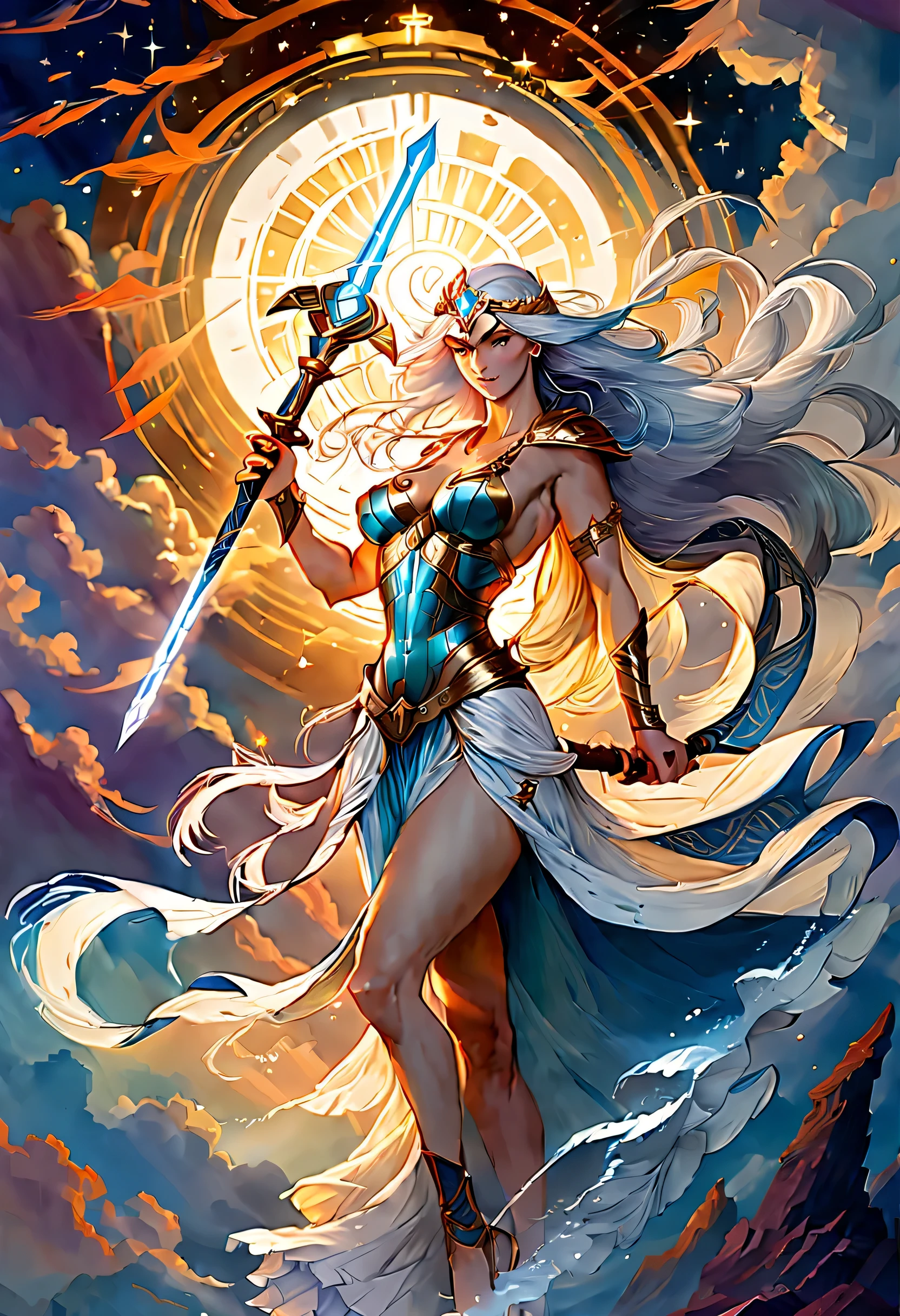 The main character is a celestial warrior who resembles a divine goddess, holding a ornament fantasy sword, White hair flowing around her like a noble halo, Expressing her strength and beauty with intricate brush strokes, Brushstrokes exude strength and elegance, High quality illustrations, rich in detail、carefully crafted, Raise the Heavenly Hero to the level of majesty, Unparalleled elegance and dignity, The overall composition creates an awe-inspiring atmosphere, fantasy, The background is a beautifully graphically depicted heavenly world., radiance of a sacred atmosphere, very nice illustration, beautiful hands and fingers, intricate details,