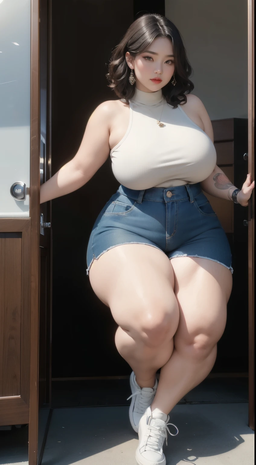((best quality)), ((masterpiece)), (detailed), perfect face, Beautiful, mother-in-law, asian-Indonesian , voluptuous, wearing random clothes (formal), In the black room, seductive expression, chubby body, nice body, milf chubby, chinese-Indonesian. Full body, big arm, wide hips , wearing a sneakers, bob hairstyle, baby face , chubby cheeks, 35 year old, chubby tall woman, tattooed thighs , yakuza tattoos , big thighs, big armpits , chubby massive cheeks , thick neck, cold atmosphere, low light, wavy short haired, big breasts, showing her armpits , thick woman , turtleneck, thick woman . Full body, wearing shorts pants