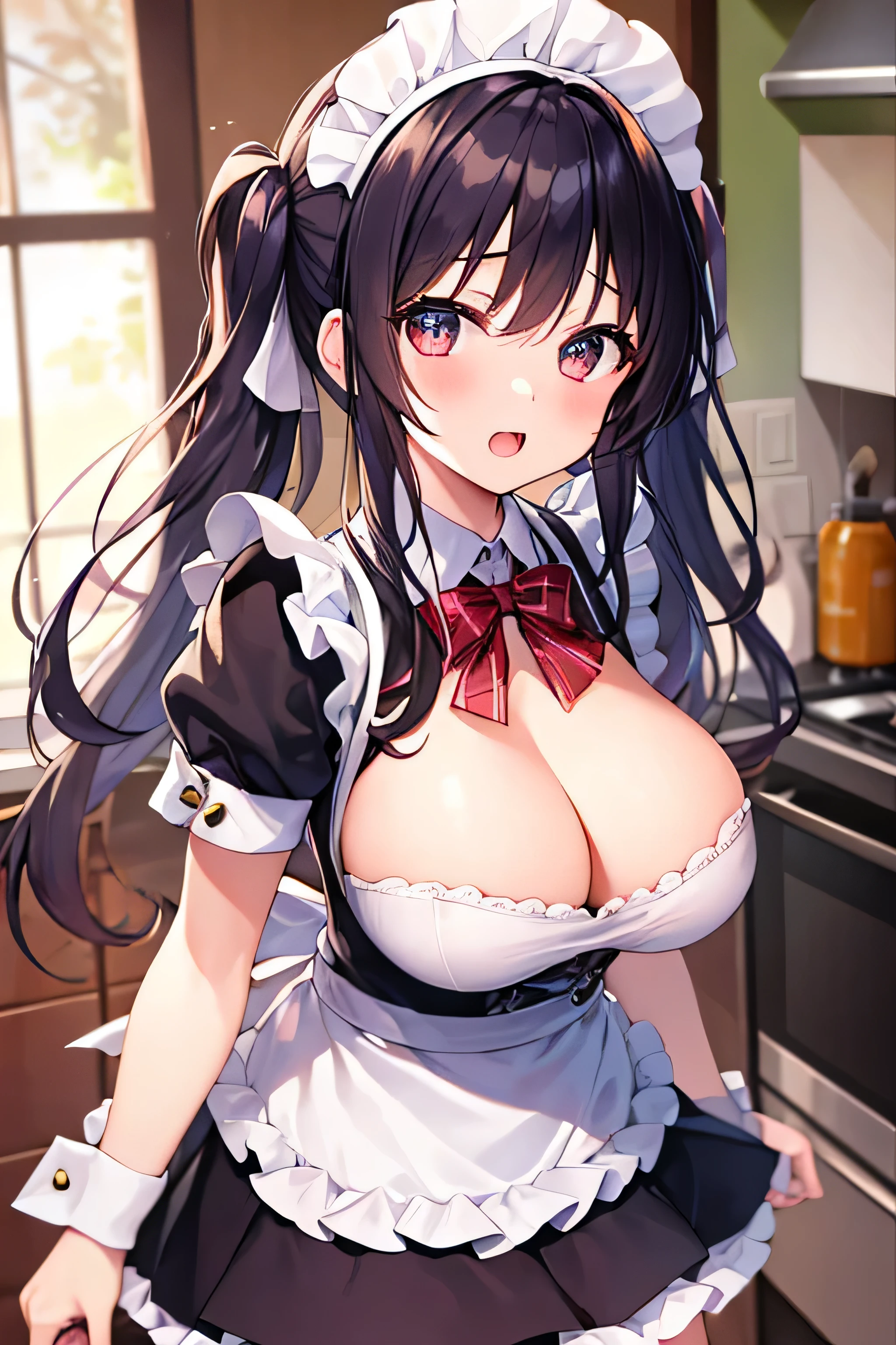 masterpiece、Highest image quality、ultra high resolution、girl with big tits、twin tail hairstyle、black hair、red face、mock、Open your mouth just a little、A white maid outfit that shows the cleavage of a teenage 、Maid headband for teenage schoolgirls、Knee high socks for teenage schoolgirlse the kitchen