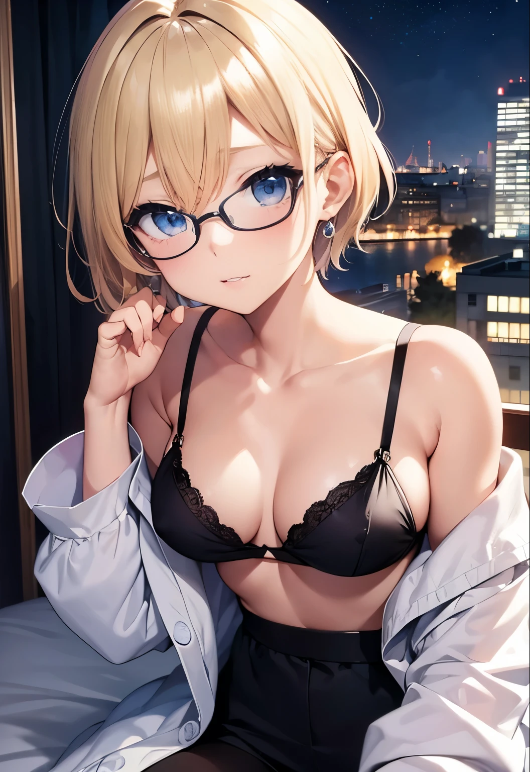 High resolution, 2D anime style,,blue eyes beautiful eyes,high and beautiful nose,thin face,blonde boyish short hair,cool woman,beautiful earrings,beautiful clock,Chest is slightly larger,she looks very sad,she is crying so much,biting one's lips,blush,she narrows her eyes,she wears glasses,Fashion that shows off your stomach,she is wearing a fluffy bathrobe.,,sitting on the bed,bedroom at night,london cityscape