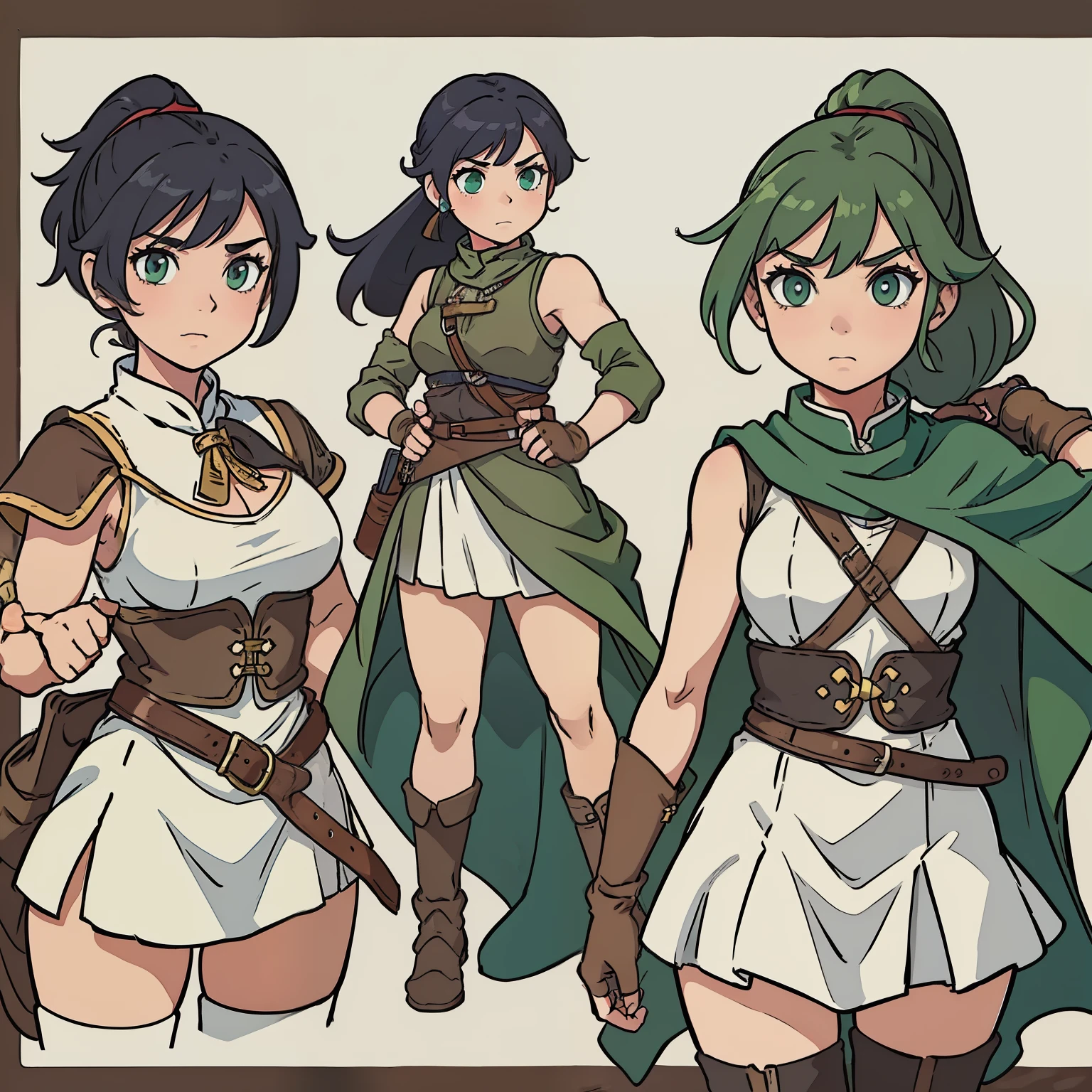 (((masterpiece))),(((best quality))), ((character design sheet, same character)), character design sheet, character reference sheet, illustration, archer girl, light green ponytail hair, leather clothes, sleeveless medieval clothes, linen skirt, leather arguard, leather gloves, iron breast plate, holding a bow, bold face, game character, rpg character, fighting pose, green highligths in hair, anime character, 8k, awesome quality