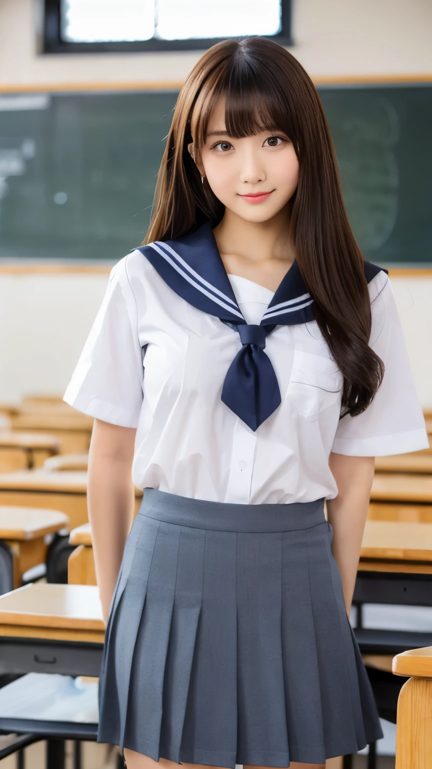 school uniform, sailor suit,big breasts,masterpiece, highest quality, Super detailed, shape, beautiful and detailed eyes, close, 1 girl, beautiful japanese girl,hair length is medium,standing in the classroom,full body photo,upright