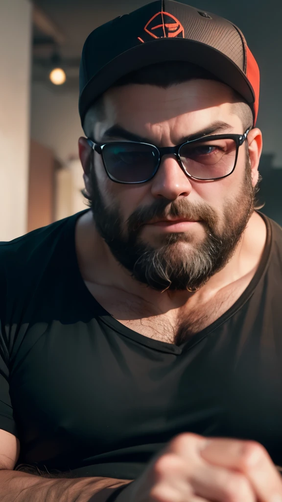 (masterpiece, best quality, RAW photo, 8k, highest resolution) portrait, closeup head and shoulders, middle aged man, 50 years old (Keemstar) sitting, looking at viewer, evil grin, aviators, wrinkles, grey in beard, stocky, fat, well built, wearing black baseball cap, red t shirt, streamer bedroom background, bokeh, depth of field, microphone, villain, internet drama, incel, bad guy, bully neon, purple lights,