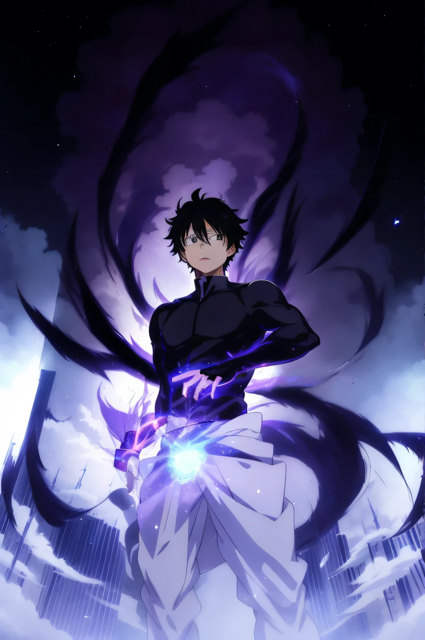 anime, Black hair, Male, anime character, anime, anime art, an epic anime of a energy man, anime wallaper, epic anime style, glowing black aura, okata kazuto, hd anime wallaper, inspired by Okumura Masanobu, Hijikata Toshiro of gintama, Hijikata Toshiro