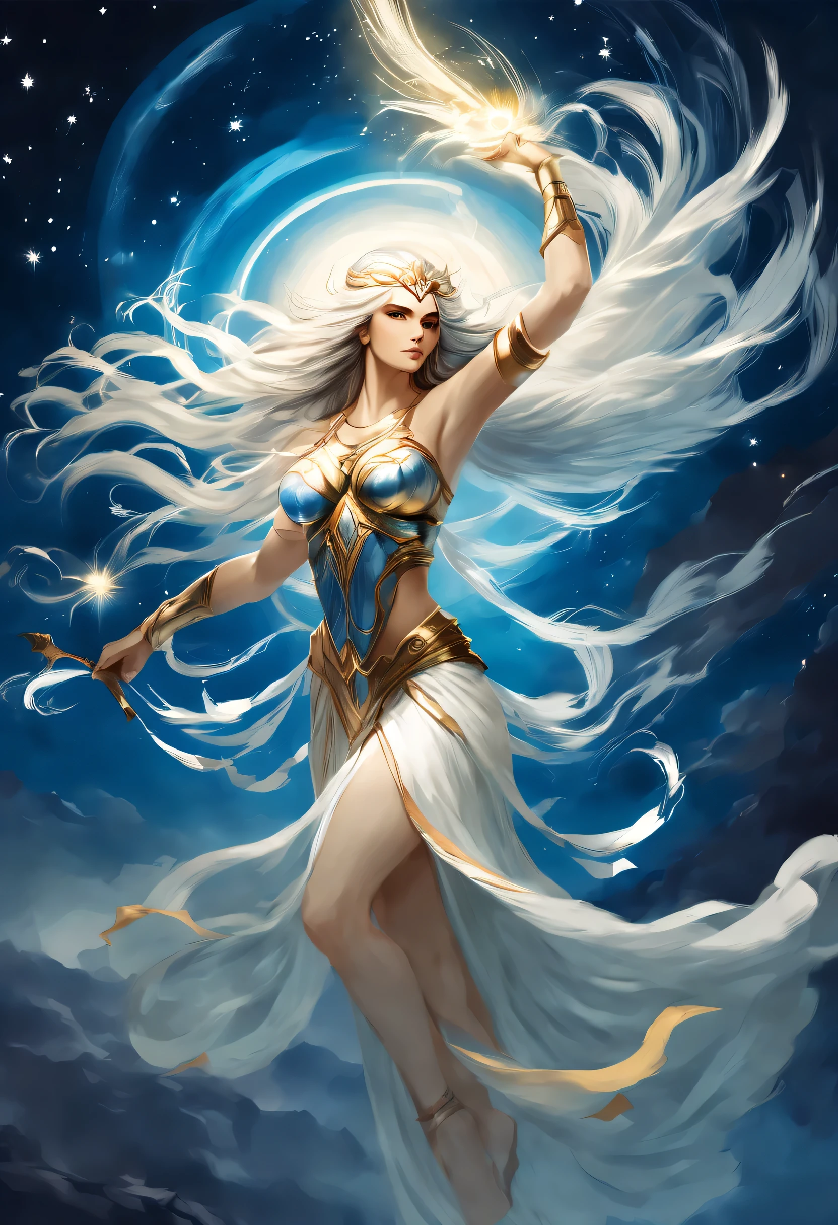 The main character is a celestial warrior who resembles a divine goddess, White hair flowing around her like a noble halo, Expressing her strength and beauty with intricate brush strokes, Brushstrokes exude strength and elegance, High quality illustrations, rich in detail、carefully crafted, Raise the Heavenly Hero to the level of majesty, Unparalleled elegance and dignity, The overall composition creates an awe-inspiring atmosphere, fantasy, The background is a beautifully graphically depicted heavenly world., radiance of a sacred atmosphere, very nice illustration,