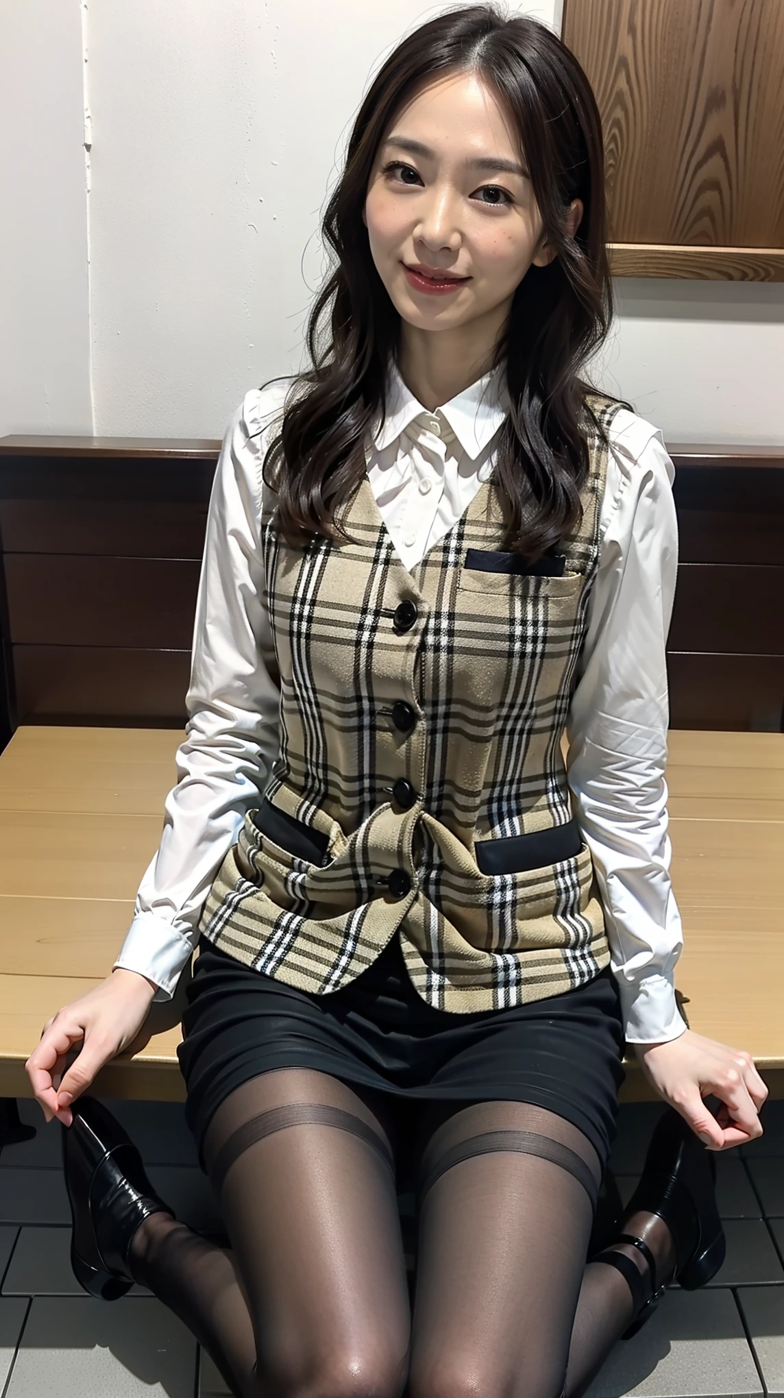 ulzzang-6500-v1.1, (RAW photo:1.2), (Photoreal), (muste piece), (genuine:1.4), 1girl、perfect anatomy、48 years old、look at the camera、medium long hair、plaid vest、((sitting on the bench:1.3))、(Super realistic black sheer pantyhose:1.2), (high heels)、(business services)、