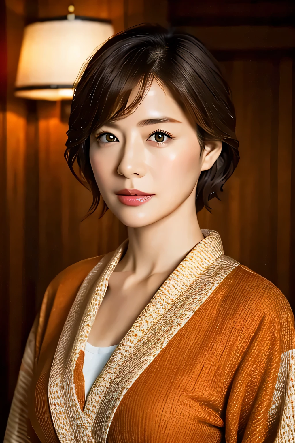 ((highest quality, 8k, masterpiece: 1.3)), #beautiful mature woman,sharp focus: 1.2, beautiful woman with perfect figure: 1.4, (kimono), Highly detailed face and skin texture, fine eyes, (lips), dark brown hair,big breasts,lip gloss,tie hair,