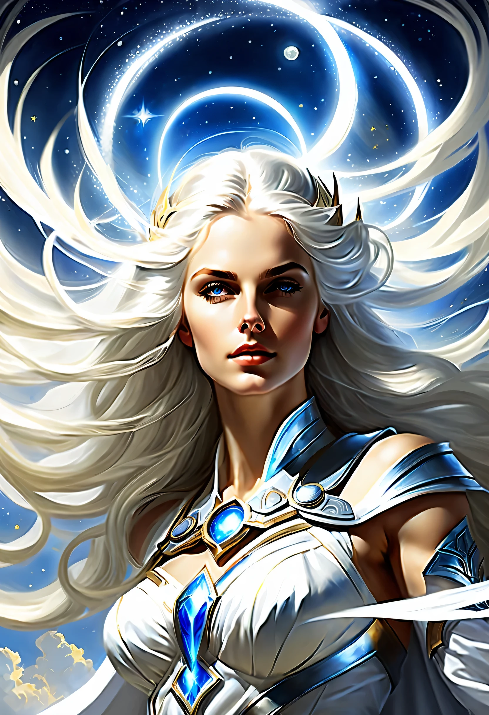 The main character is a celestial warrior who resembles a divine goddess, White hair flowing around her like a noble halo, Expressing her strength and beauty with intricate brush strokes, Brushstrokes exude strength and elegance, High quality illustrations, rich in detail、carefully crafted, Raise the Heavenly Hero to the level of majesty, Unparalleled elegance and dignity, The overall composition creates an awe-inspiring atmosphere, fantasy, The background is a beautifully graphically depicted heavenly world., radiance of a sacred atmosphere, very nice illustration,