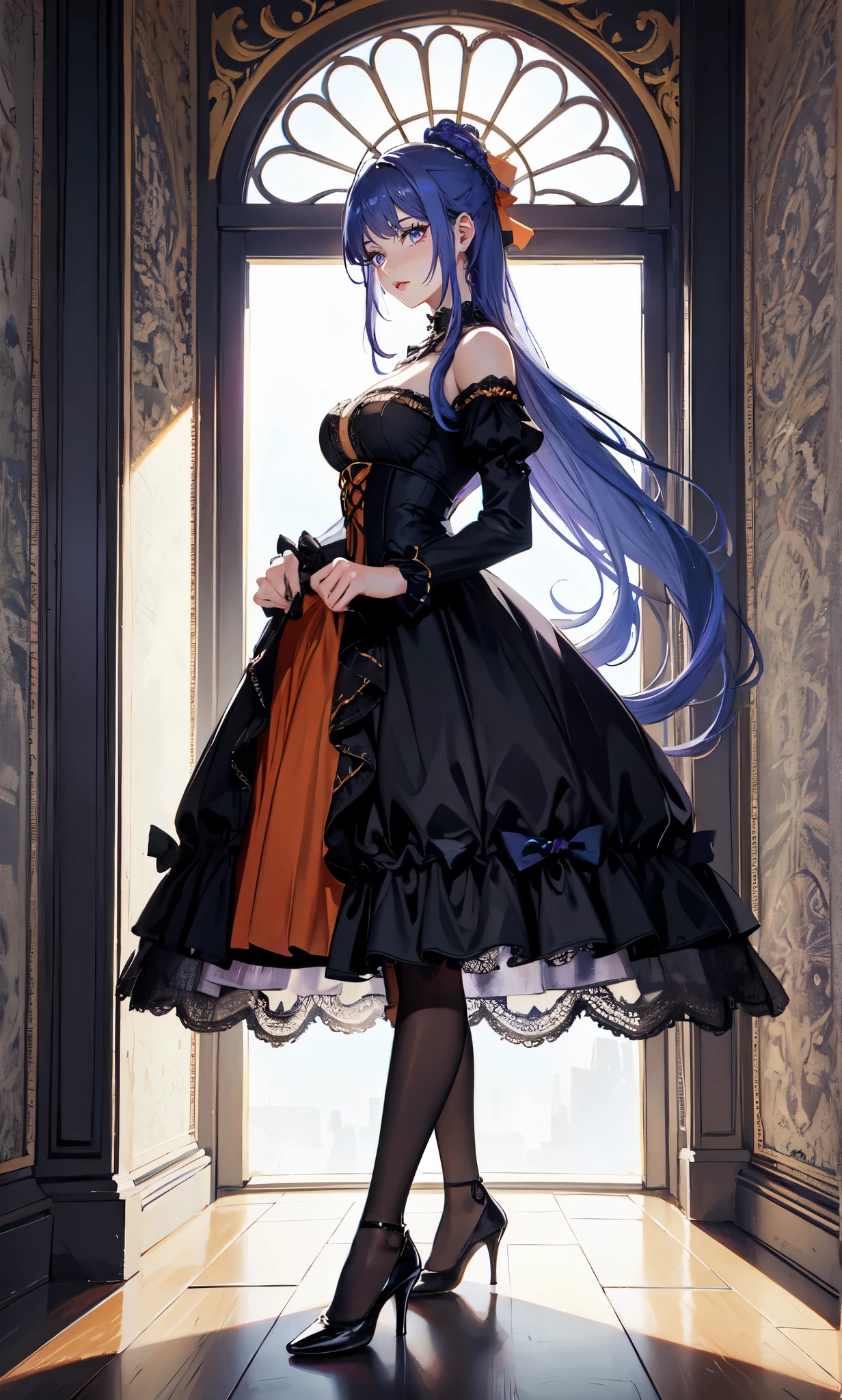 The city outside the window,(blue purple hair：2.0),head clamp,Loosely tied long hair,black bow,side braid,Standing close-up,dream world,Mature lady,(Slender orange phoenix eyes,lipstick,long eyelashes,beautiful nape),long eyelashes,Contact lenses,side fringe,(Light blue gauze,lace low cut long dress,Rococo court dress,black stockings：2.0),(big breast)(soft light and shadow：1.9),old style high heels,black stokings,Detailedly drawn backgrounds