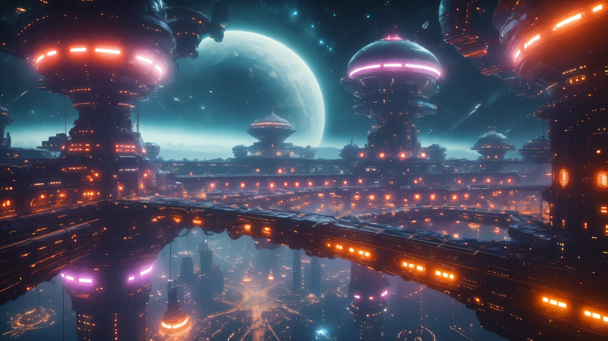COMG3O,(best quality,4k,8k,highres,masterpiece:1.2),ultra-detailed,(realistic,photorealistic,photo-realistic:1.37),alien technology,alien city,alien space station,extraterrestrial,extraterrestrial technology,otherworldly,advanced technology,high-tech,metallic sheen,futuristic architecture,highly detailed,hovering vehicles,sleek design,ethereal atmosphere,glowing lights,luminous structures,cosmic energy,vibrant colors,neon lights,floating platforms,intergalactic,interstellar travel,crystalline structures,elevated walkways,canopy-covered streets,sci-fi,advanced civilization,alien lifeforms,alien creatures,extraterrestrial landscape,interstellar communication,other dimensions,non-human presence,intergalactic exploration,unknown secrets,unearthly beauty,interplanetary trade,cybernetic beings