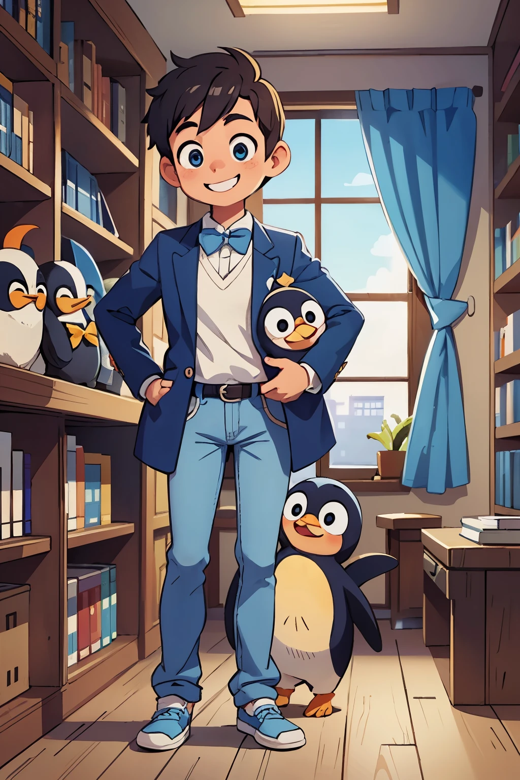 Stand in front of photo, 1 boy, full body, white shirt tucked in, blue jacket, blue jeans, light blue shoes, big smile, kawaii pose, silk, face forward, eyes forward, in a library, holding 1 happy penguin in a tuxedo.
