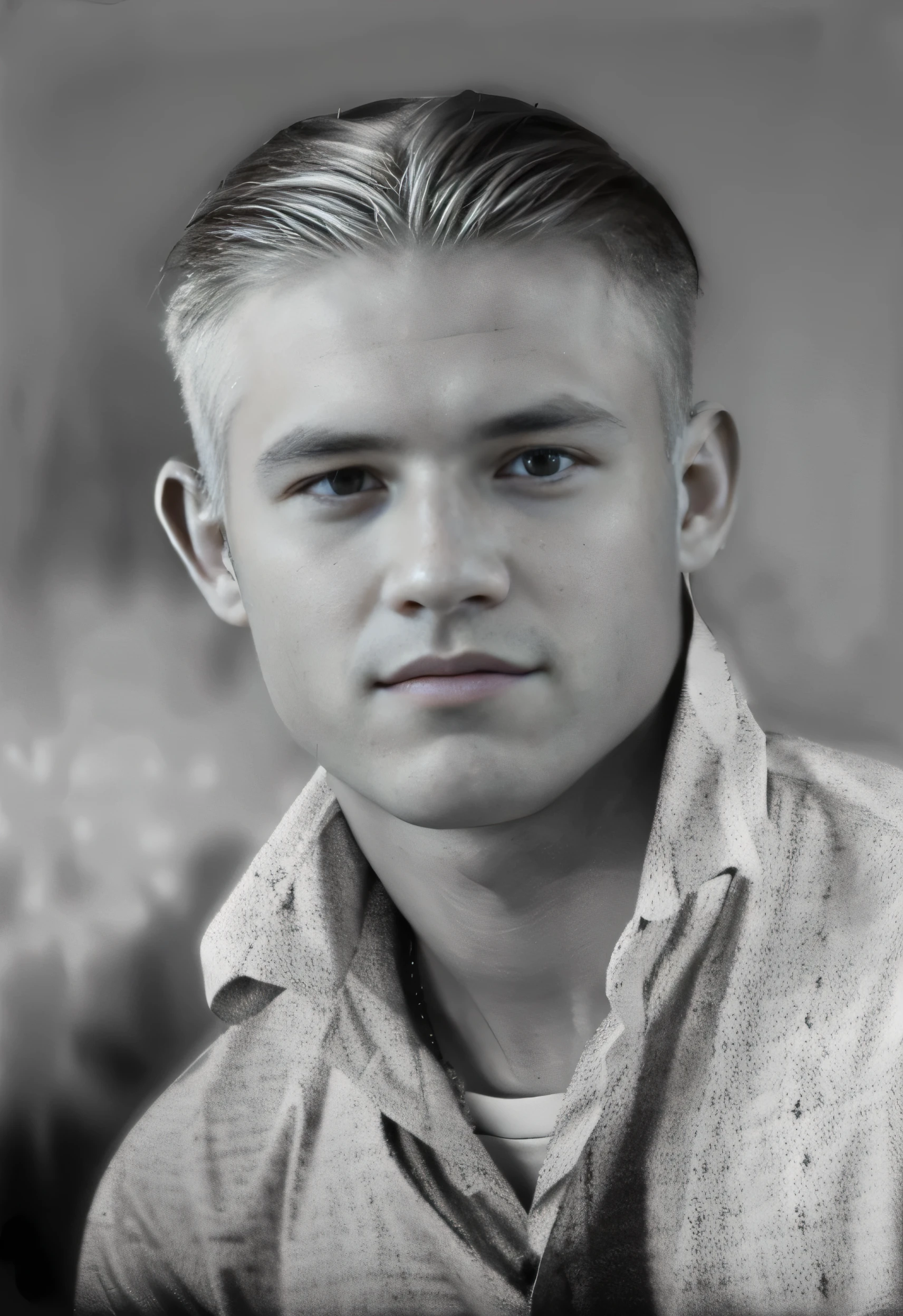 A black and white photograph of a 20 year old blonde man wearing a shirt., foto de retrato de la segunda guerra mundial, una foto coloreada, principios de los 20, Retrato de Chuck Clayton, foto restaurada, Retrato de cerca, retrato cercano, foto coloreada, taken in the early 2020s, Retrato de cerca, Retrato de primer plano, Retrato de cerca, Classic portrait