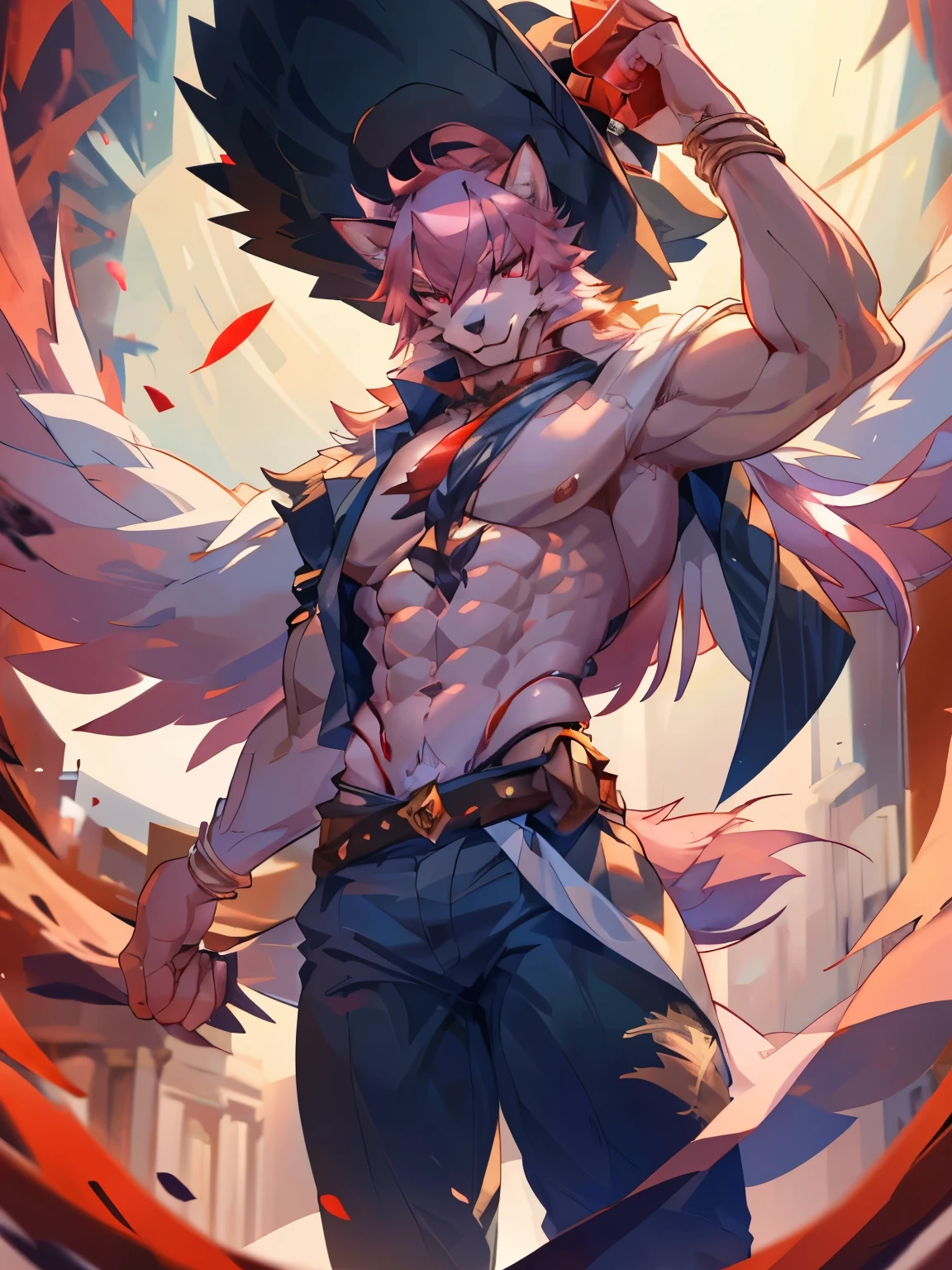 male, furry, wolf anthro, solo, white fur, red eyes, (Realistic eye details 1.2), hat on head, mafiawear, bare bottom, abs, Masterpiece, dramatic lighting, soft lighting, day, highly detail, pink Hair coiled