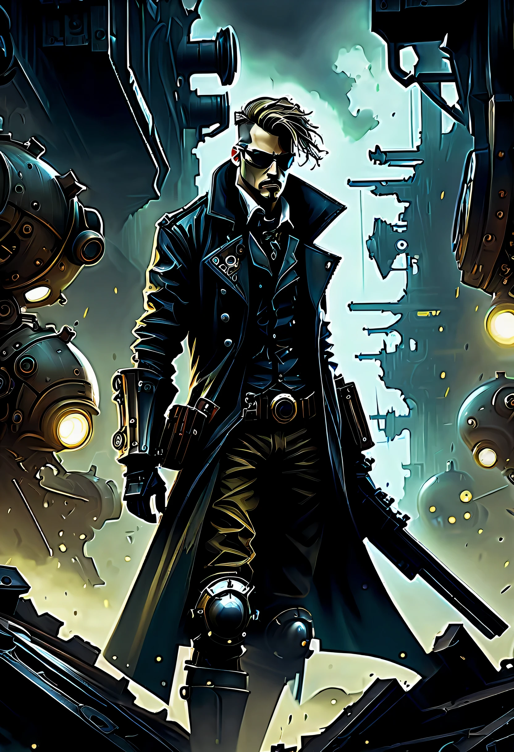 A stylish and cool illustration that combines cyberpunk and steampunk..Heroes from another world create a fearless atmosphere in a dark atmosphere., Rin々take a new pose, Skillfully use powerful brush strokes、hall々standing with。. It is a high-quality work of art that captivates the viewer with its intimidating atmosphere.。, high quality digital painting images, Accurate detail and stunning shading, Dynamic and edgy design. In a vividly detailed steampunk battlefield, The aftermath of brutal conflict comes to life with stunning accuracy. There are many burn marks at the scene., scattered corpses, Complex brushwork expressing the intensity of battle. High resolution illustrations, digital creation, Immersing viewers in a world where the remains of war are rendered in stunning realism。, Every element of dark fantasy coating, From twisted metal structures to fallen soldiers, depicted with some degree of accuracy, A truly breathtaking illustration has been completed..